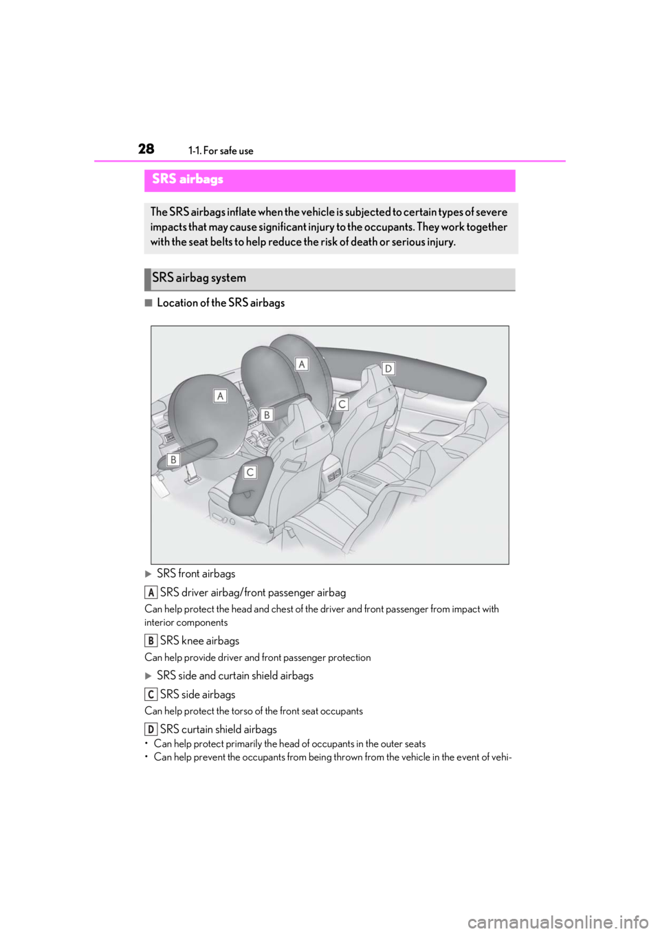 LEXUS RCF 2021 Owners Manual 281-1. For safe use
■Location of the SRS airbags
SRS front airbagsSRS driver airbag/front passenger airbag
Can help protect the head and chest of the driver and front passenger from impact with 
