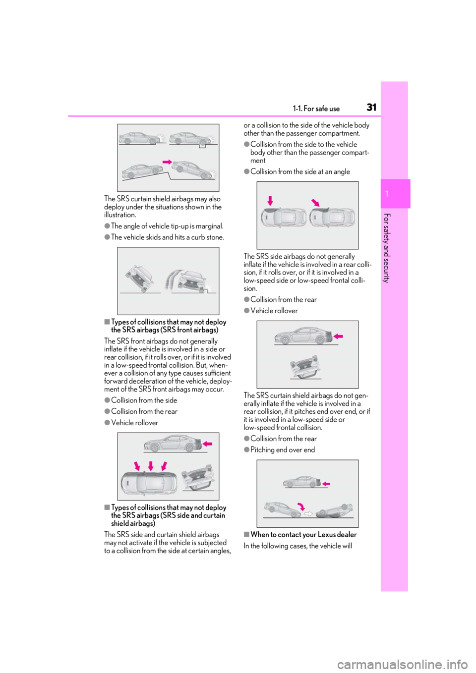 LEXUS RCF 2021 Owners Guide 311-1. For safe use
1
For safety and security
The SRS curtain shield airbags may also
deploy under the situations shown in the
illustration.
●The angle of vehicle tip-up is marginal.
●The vehicl LEXUS RCF 2021 Owners Guide 311-1. For safe use
1
For safety and security
The SRS curtain shield airbags may also
deploy under the situations shown in the
illustration.
●The angle of vehicle tip-up is marginal.
●The vehicl