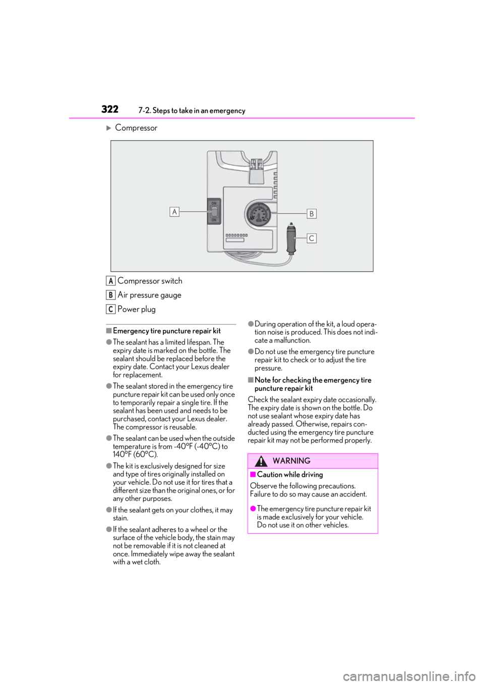 LEXUS RCF 2021 Owners Manual 3227-2. Steps to take in an emergency
CompressorCompressor switch
Air pressure gauge
Power plug
■Emergency tire puncture repair kit
●The sealant has a lim ited lifespan. The
expiry date is mar LEXUS RCF 2021 Owners Manual 3227-2. Steps to take in an emergency
CompressorCompressor switch
Air pressure gauge
Power plug
■Emergency tire puncture repair kit
●The sealant has a lim ited lifespan. The
expiry date is mar