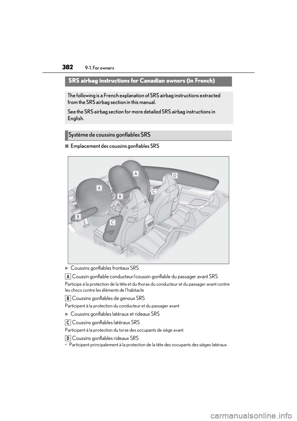 LEXUS RCF 2021 Owners Manual 3829-1. For owners
■Emplacement des coussins gonflables SRS
Coussins gonflables frontaux SRS
Coussin gonflable conducteur/coussi n gonflable du passager avant SRS
Participe à la protection de la LEXUS RCF 2021 Owners Manual 3829-1. For owners
■Emplacement des coussins gonflables SRS
Coussins gonflables frontaux SRS
Coussin gonflable conducteur/coussi n gonflable du passager avant SRS
Participe à la protection de la