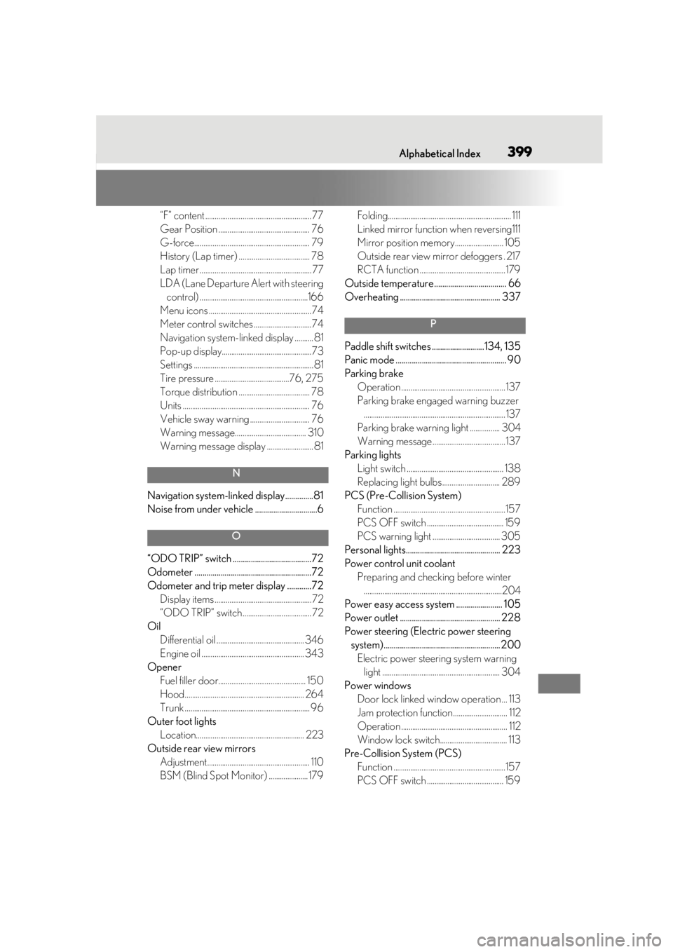 LEXUS RCF 2021  Owners Manual 399Alphabetical Index
“F” content ......................................................... 77
Gear Position ................................................. 76
G-force...........................