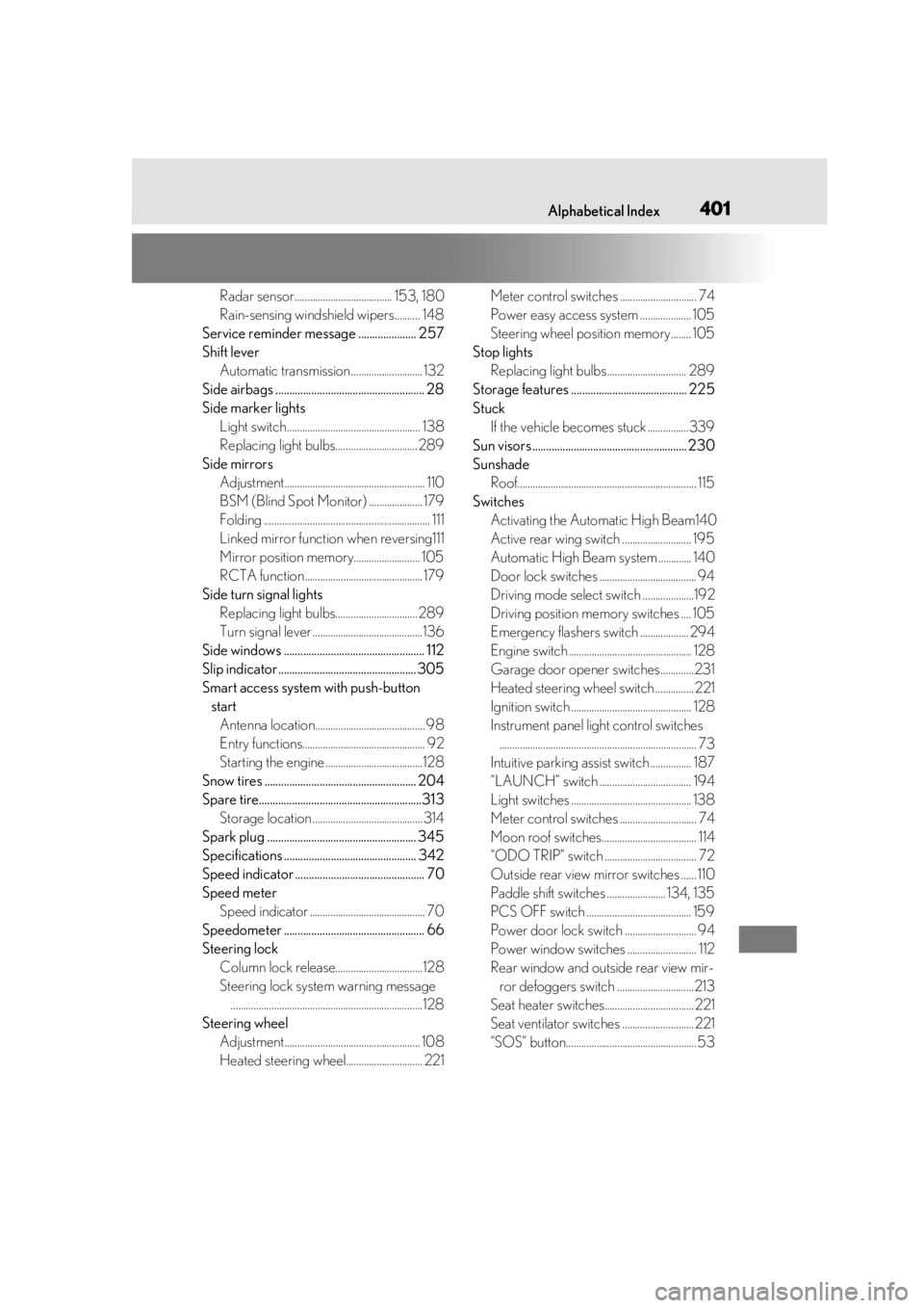 LEXUS RCF 2021  Owners Manual 401Alphabetical Index
Radar sensor...................................... 153, 180
Rain-sensing windshield wipers.......... 148
Service reminder message ..................... 257
Shift lever Automatic 