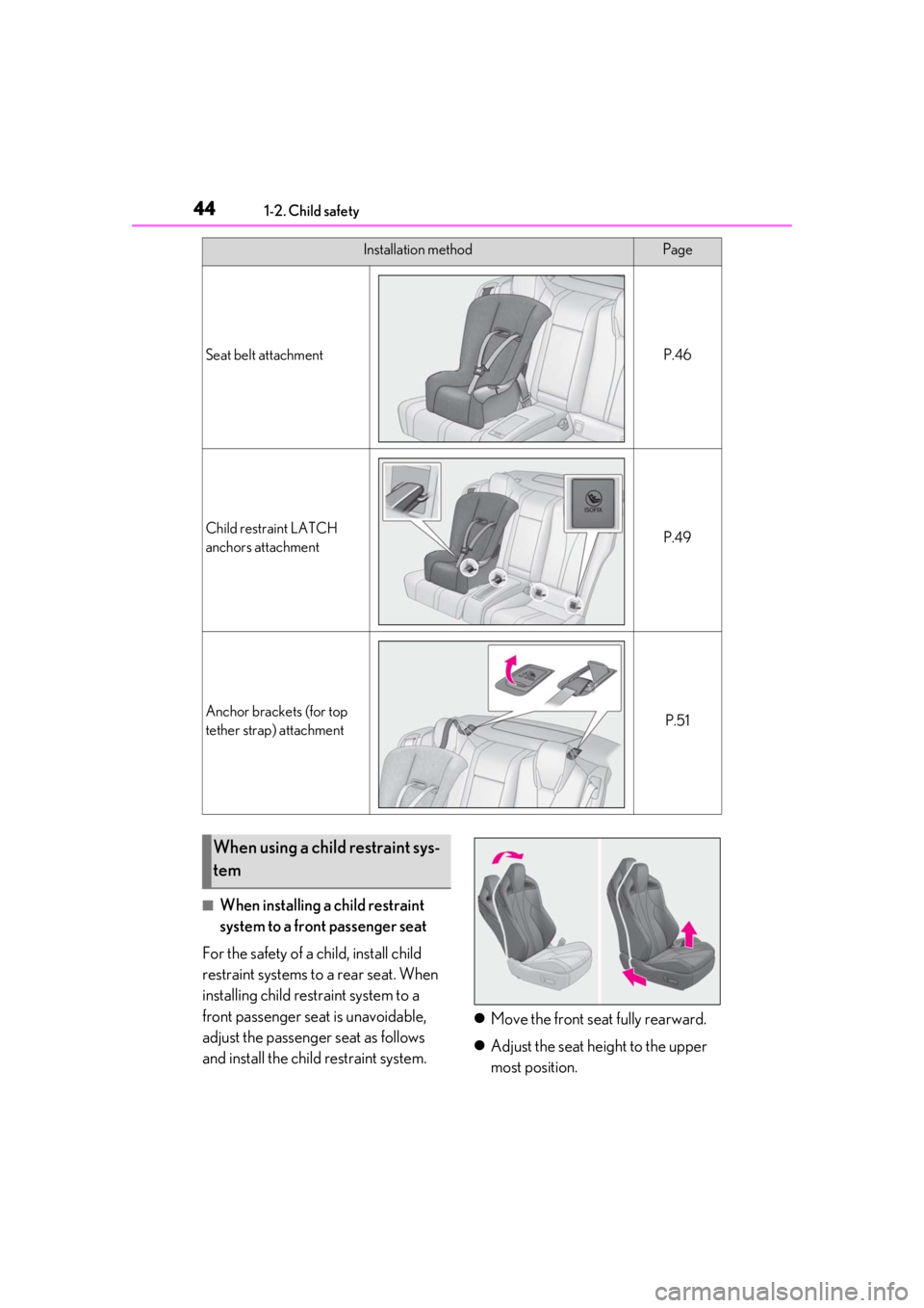 LEXUS RCF 2021 Service Manual 441-2. Child safety
■When installing a child restraint
system to a front passenger seat
For the safety of a child, install child
restraint systems to a rear seat. When
installing child restraint LEXUS RCF 2021 Service Manual 441-2. Child safety
■When installing a child restraint
system to a front passenger seat
For the safety of a child, install child
restraint systems to a rear seat. When
installing child restraint