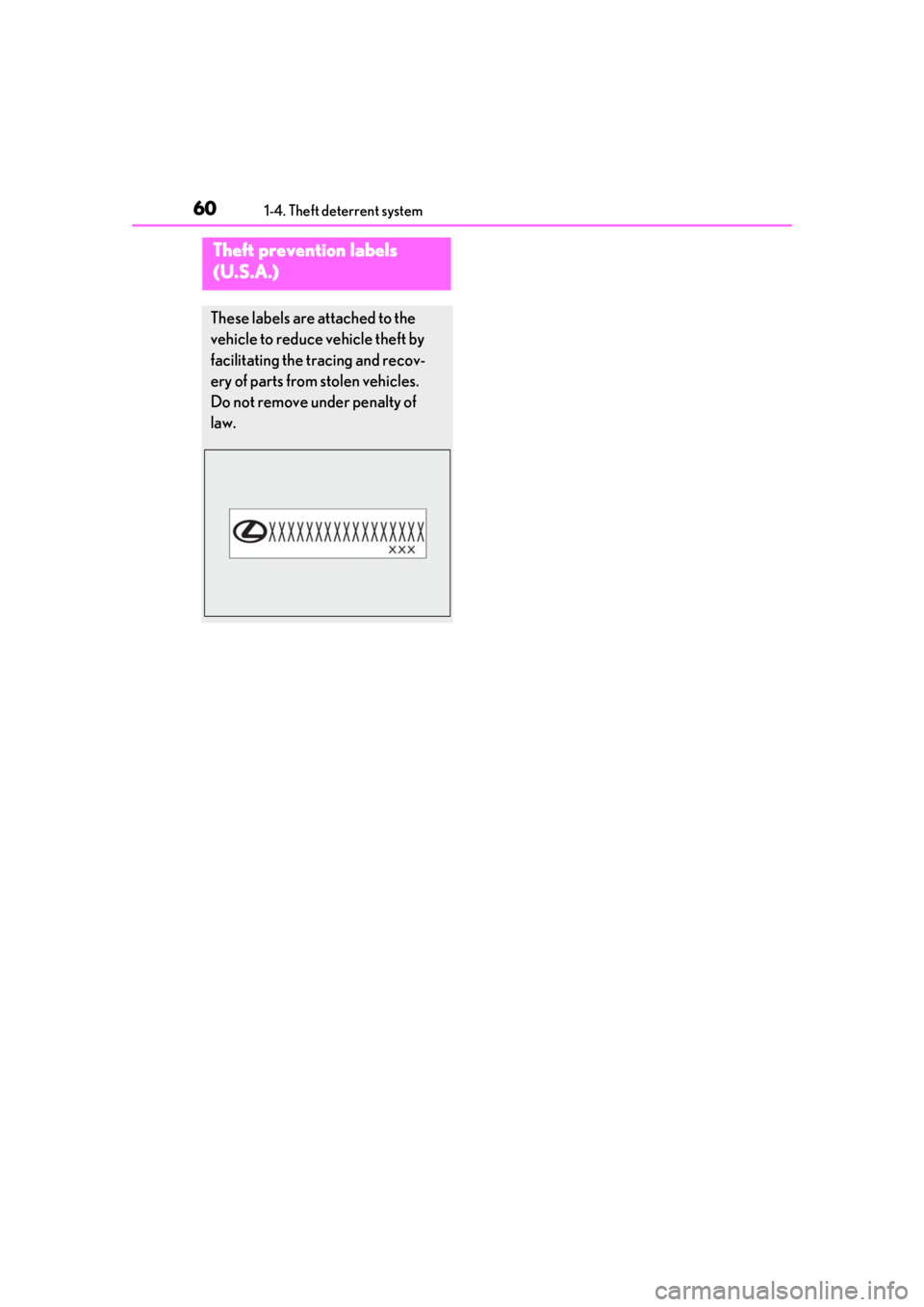 LEXUS RCF 2021 Workshop Manual 601-4. Theft deterrent system
Theft prevention labels
(U.S.A.)
These labels are attached to the
vehicle to reduce vehicle theft by
facilitating the tracing and recov-
ery of parts from stolen vehic LEXUS RCF 2021 Workshop Manual 601-4. Theft deterrent system
Theft prevention labels
(U.S.A.)
These labels are attached to the
vehicle to reduce vehicle theft by
facilitating the tracing and recov-
ery of parts from stolen vehic