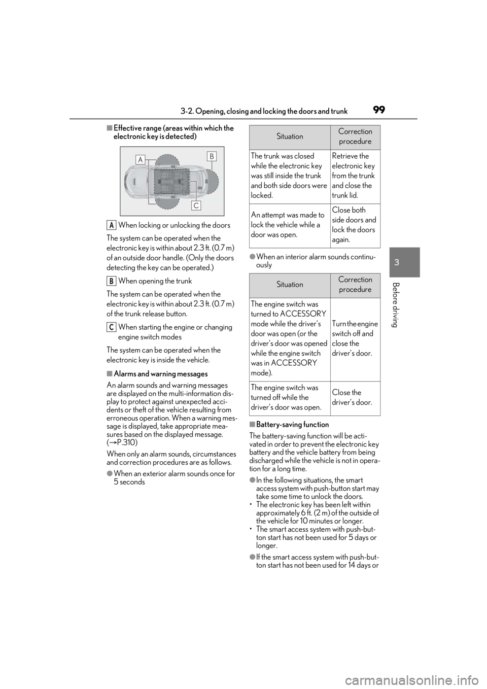 LEXUS RCF 2021 Owners Manual 993-2. Opening, closing and locking the doors and trunk
3
Before driving
■Effective range (areas within which the
electronic key is detected)
When locking or unlocking the doors
The system can be o LEXUS RCF 2021 Owners Manual 993-2. Opening, closing and locking the doors and trunk
3
Before driving
■Effective range (areas within which the
electronic key is detected)
When locking or unlocking the doors
The system can be o