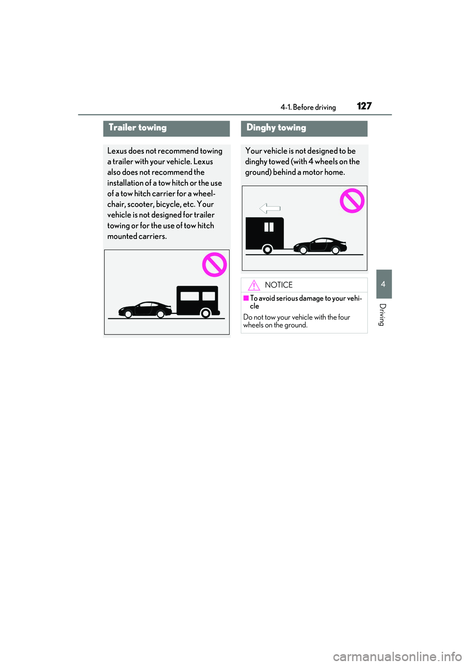 LEXUS RCF 2022 User Guide 1274-1. Before driving
RC F Owners Manual
4
Driving
Trailer towing
Lexus does not recommend towing
a trailer with your vehicle. Lexus
also does not recommend the
installation of a tow hitch or the LEXUS RCF 2022 User Guide 1274-1. Before driving
RC F Owners Manual
4
Driving
Trailer towing
Lexus does not recommend towing
a trailer with your vehicle. Lexus
also does not recommend the
installation of a tow hitch or the