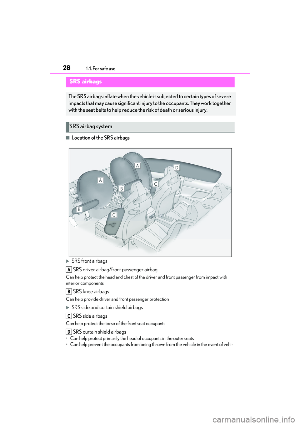 LEXUS RCF 2022 Owners Manual 281-1. For safe use
RC F Owners Manual
■Location of the SRS airbags
SRS front airbagsSRS driver airbag/front passenger airbag
Can help protect the head and chest of the dr iver and front passeng LEXUS RCF 2022 Owners Manual 281-1. For safe use
RC F Owners Manual
■Location of the SRS airbags
SRS front airbagsSRS driver airbag/front passenger airbag
Can help protect the head and chest of the dr iver and front passeng