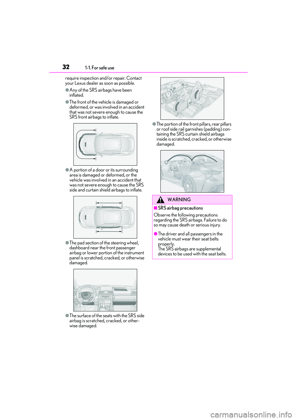 LEXUS RCF 2022 Owners Guide 321-1. For safe use
RC F Owners Manual
require inspection and/or repair. Contact
your Lexus dealer as soon as possible.
●Any of the SRS airbags have been
inflated.
●The front of the vehicle is LEXUS RCF 2022 Owners Guide 321-1. For safe use
RC F Owners Manual
require inspection and/or repair. Contact
your Lexus dealer as soon as possible.
●Any of the SRS airbags have been
inflated.
●The front of the vehicle is