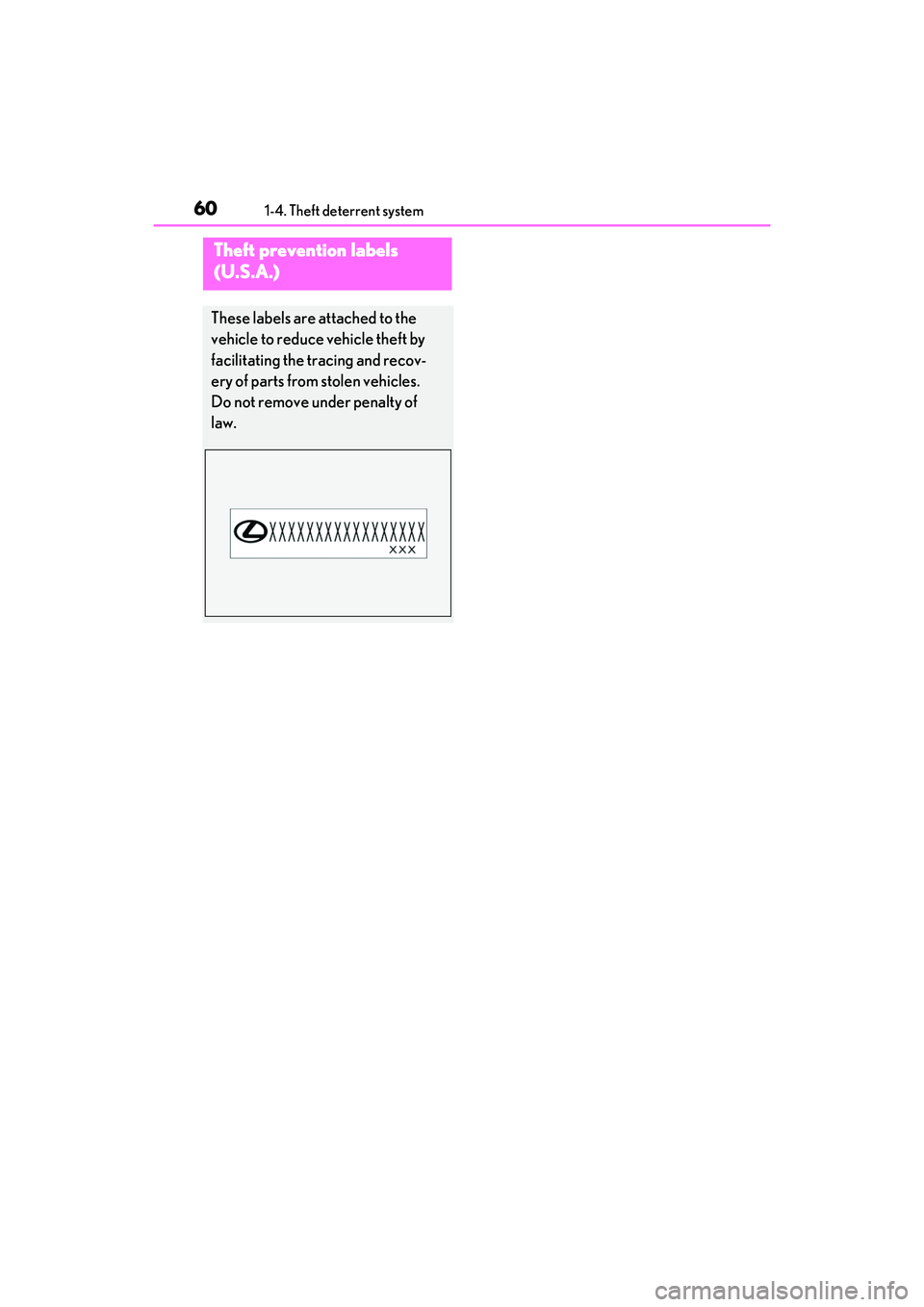 LEXUS RCF 2022 Repair Manual 601-4. Theft deterrent system
RC F Owners Manual
Theft prevention labels
(U.S.A.)
These labels are attached to the
vehicle to reduce vehicle theft by
facilitating the tracing and recov-
ery of par LEXUS RCF 2022 Repair Manual 601-4. Theft deterrent system
RC F Owners Manual
Theft prevention labels
(U.S.A.)
These labels are attached to the
vehicle to reduce vehicle theft by
facilitating the tracing and recov-
ery of par