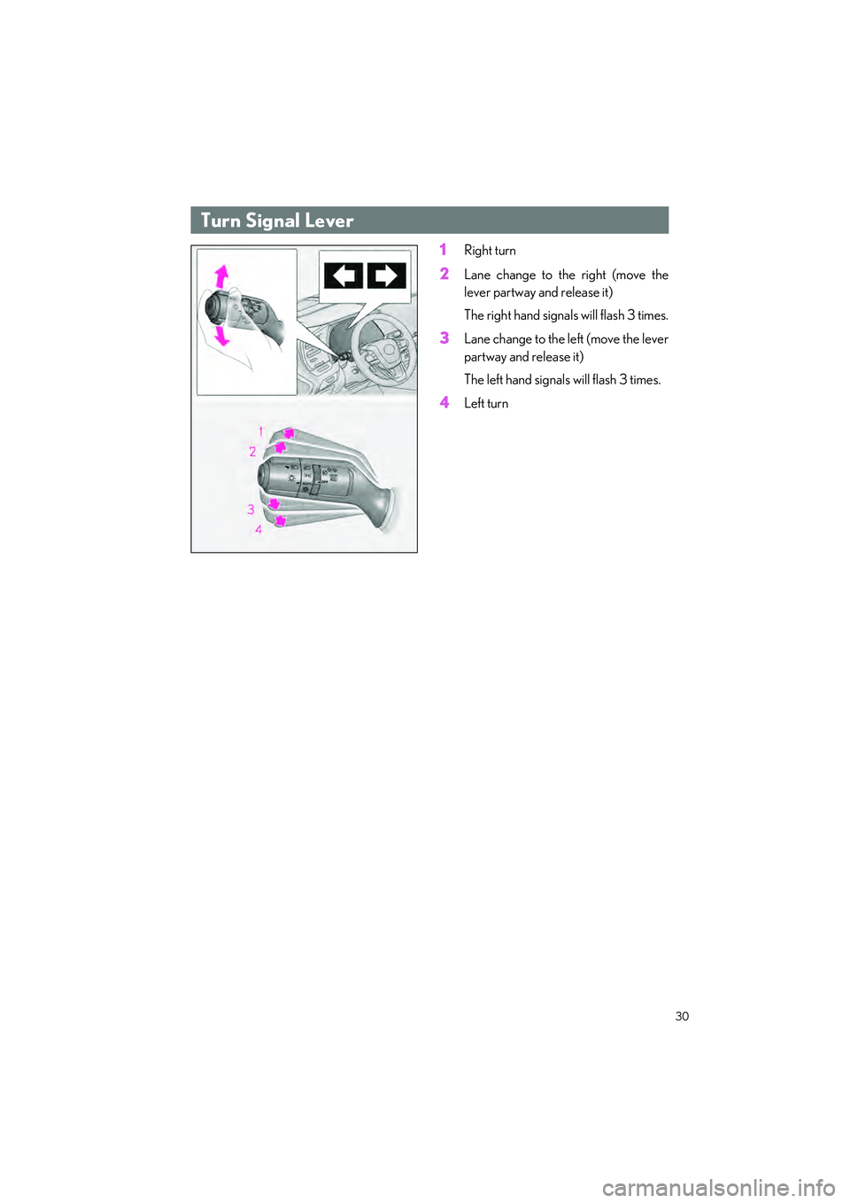 LEXUS RX 2023  Owners Manual 30
RX500h/RX350h_QG_U
1Right turn
2Lane change to the right (move the
lever partway and release it)
The right hand signals will flash 3 times.
3Lane change to the left (move the lever
partway and rele