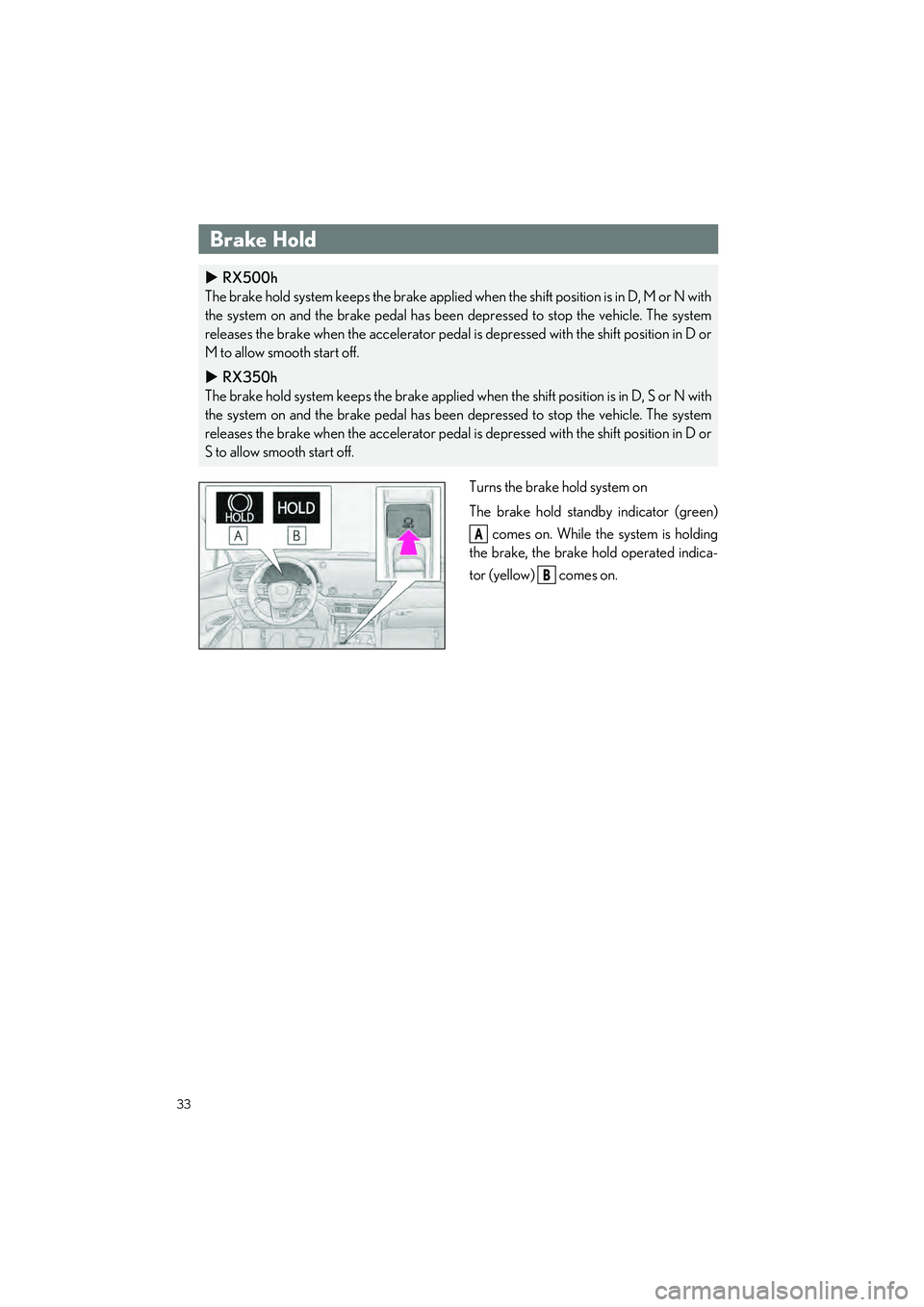 LEXUS RX 2023 Owners Manual 33
RX500h/RX350h_QG_U
Turns the brake hold system on
The brake hold standby indicator (green) comes on. While the system is holding
the brake, the brake hold operated indica-
tor (yellow) comes on.
LEXUS RX 2023 Owners Manual 33
RX500h/RX350h_QG_U
Turns the brake hold system on
The brake hold standby indicator (green) comes on. While the system is holding
the brake, the brake hold operated indica-
tor (yellow) comes on.