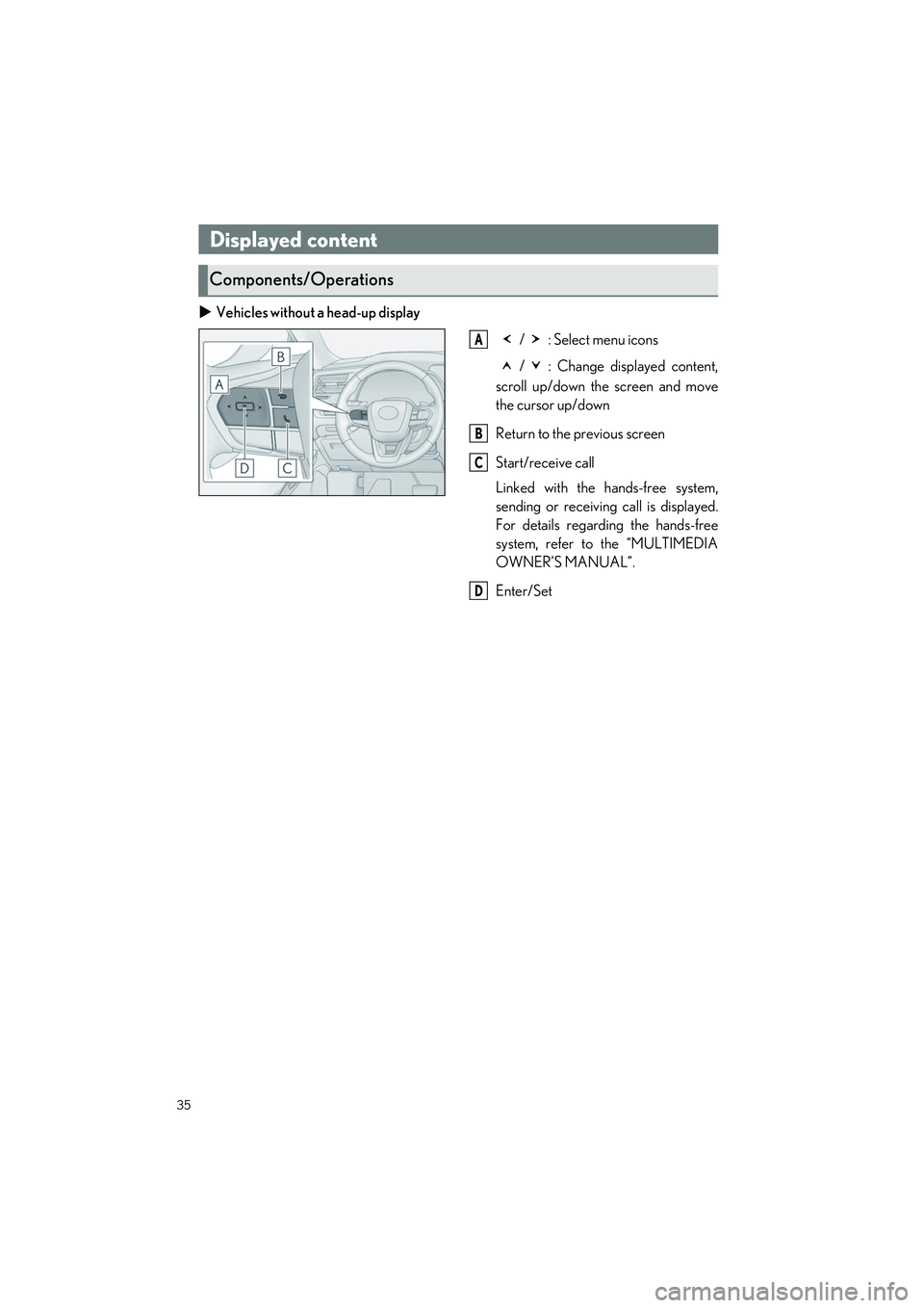 LEXUS RX 2023 Owners Guide 35
RX500h/RX350h_QG_U
Vehicles without a head-up display
/ : Select menu icons
/ : Change displayed content,
scroll up/down the screen and move
the cursor up/down
Return to the previous screen
Star LEXUS RX 2023 Owners Guide 35
RX500h/RX350h_QG_U
Vehicles without a head-up display
/ : Select menu icons
/ : Change displayed content,
scroll up/down the screen and move
the cursor up/down
Return to the previous screen
Star