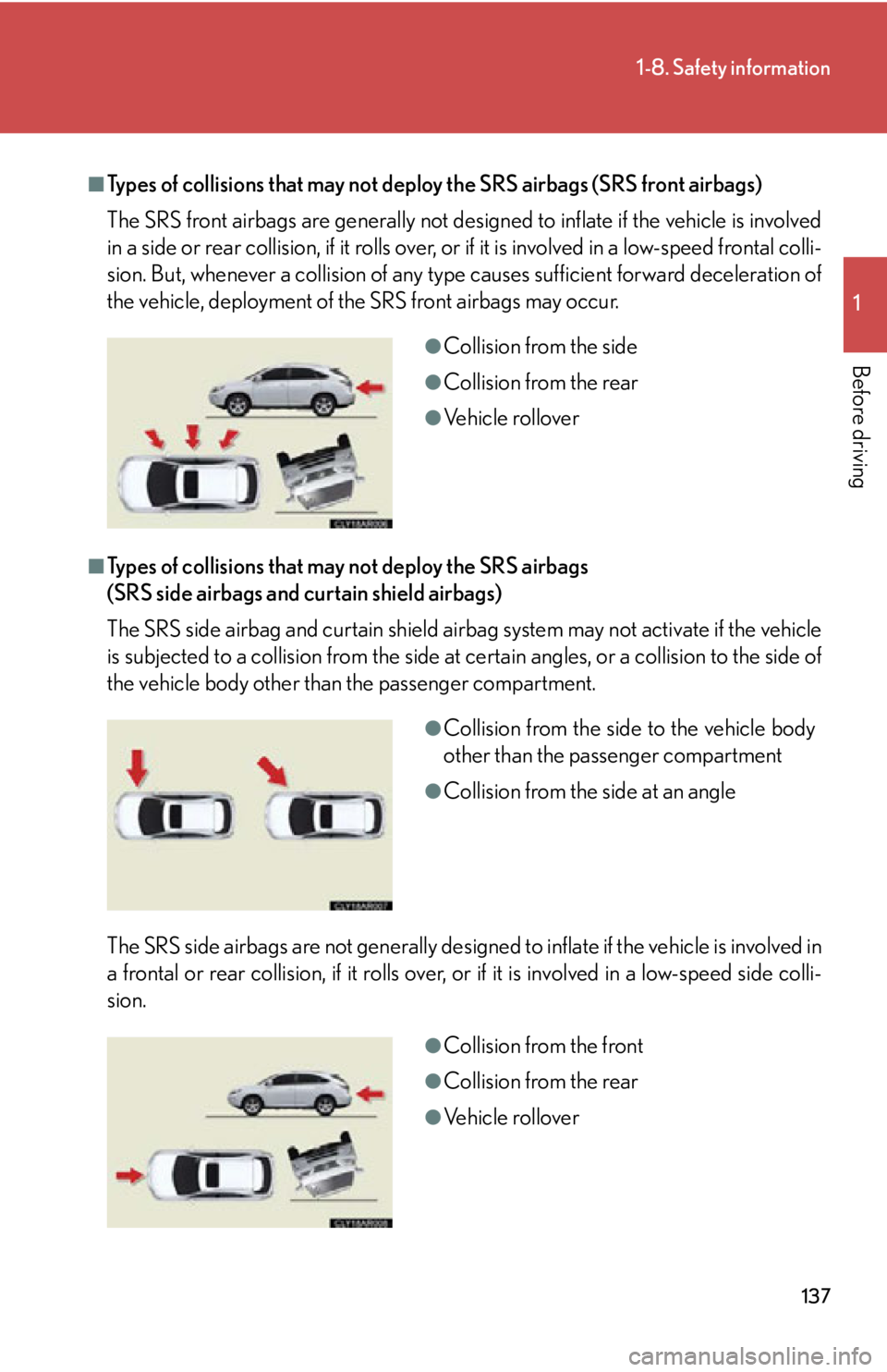 LEXUS RX450h 2015  Owners Manual 1371-8. Safety information
1
Before driving ■
Types of collisions that may not deploy the SRS airbags (SRS front airbags)
The SRS front airbags are generally not designed to inflate if the vehicle i