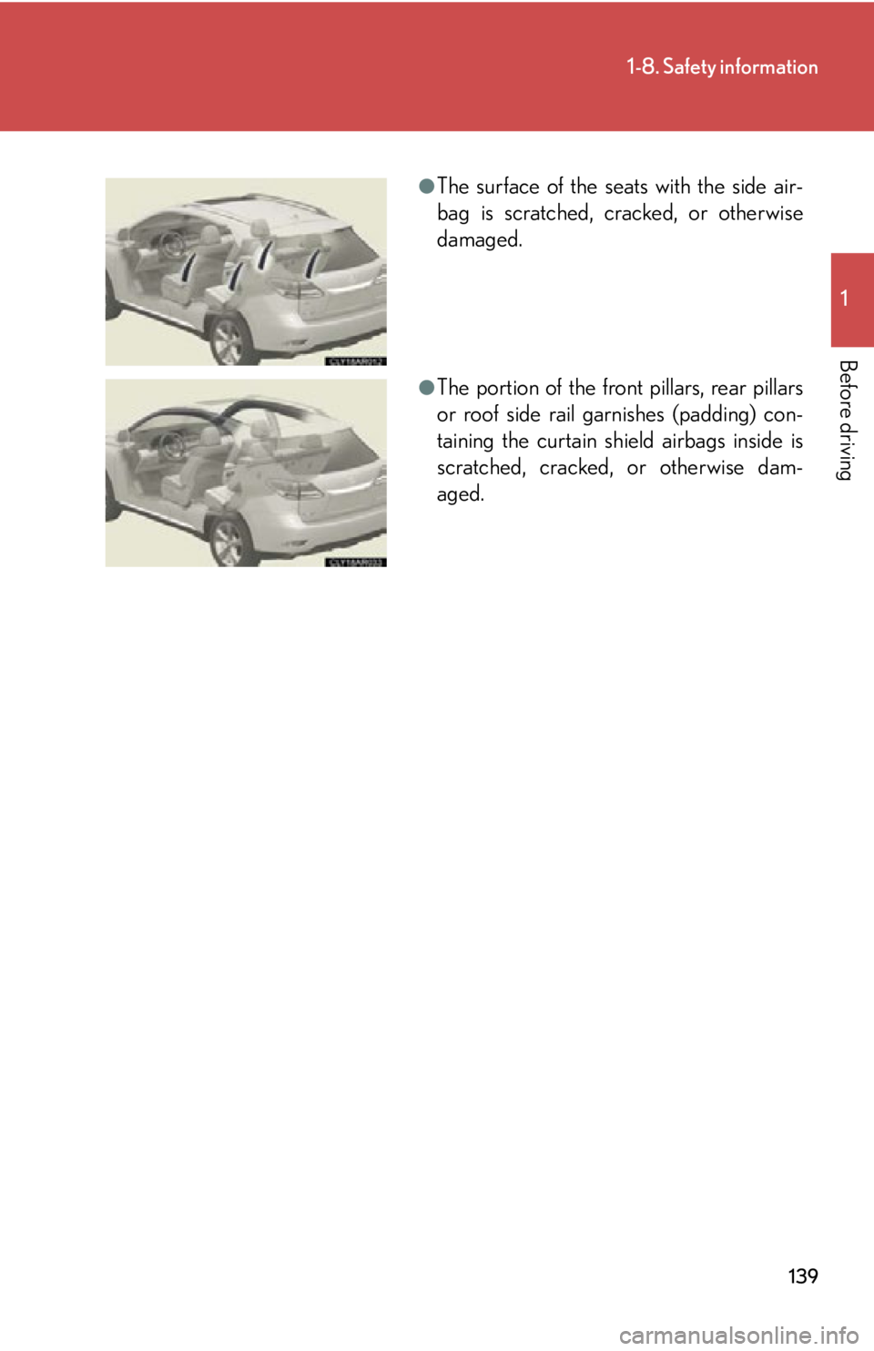LEXUS RX450h 2015  Owners Manual 1391-8. Safety information
1
Before driving ●
The surface of the seats with the side air-
bag is scratched, cracked, or otherwise
damaged.
●
The portion of the front pillars, rear pillars
or roof 