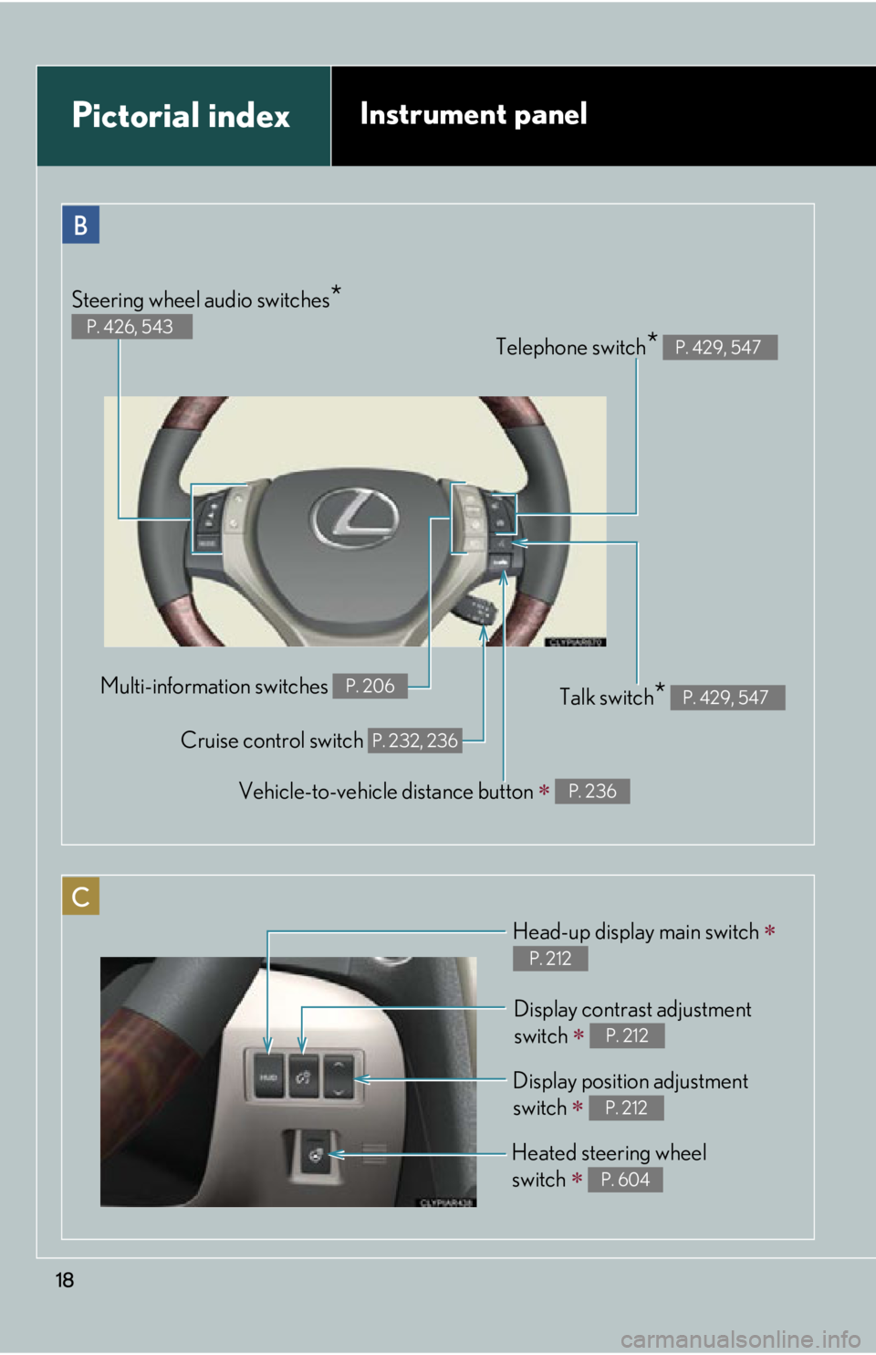 LEXUS RX450h 2015 User Guide 18B Telephone switch
*   P. 429, 547
Vehicle-to-vehicle distance button 
   P. 236
CPictorial index Instrument panel
Talk switch
*   P. 429, 547
Heated steering wheel 
switch 
   P. 604Multi-inf
