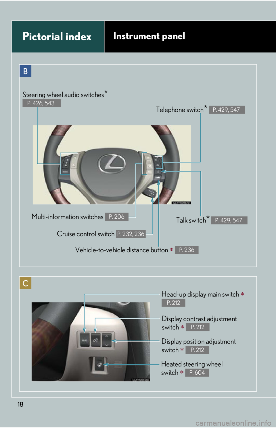 LEXUS RX450h 2015  Owners Manual 18B Telephone switch
*   P. 429, 547
Vehicle-to-vehicle distance button 
   P. 236
CPictorial index Instrument panel
Talk switch
*   P. 429, 547
Heated steering wheel 
switch 
   P. 604Multi-inf