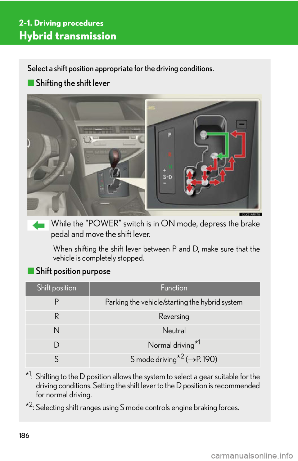 LEXUS RX450h 2015 Owners Manual 1862-1. Driving procedures
Hybrid transmission Select a shift position appropriate for the driving conditions.
■ Shifting the shift lever
While the “POWER” switch is in ON mode, depress the brak LEXUS RX450h 2015 Owners Manual 1862-1. Driving procedures
Hybrid transmission Select a shift position appropriate for the driving conditions.
■ Shifting the shift lever
While the “POWER” switch is in ON mode, depress the brak