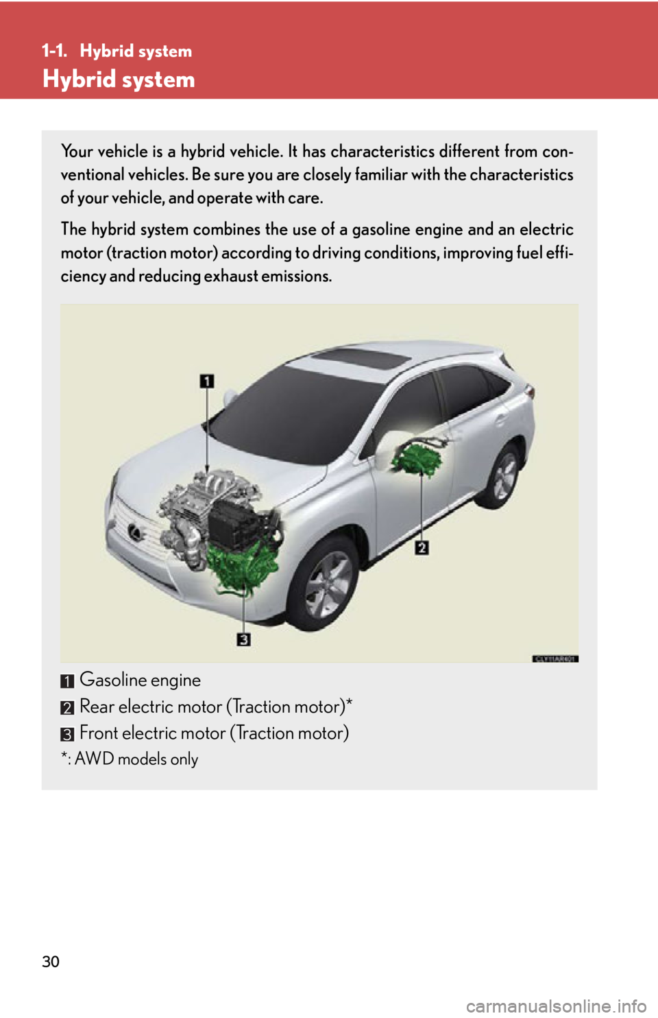 LEXUS RX450h 2015 Owners Manual 301-1. Hybrid system
Hybrid system Your vehicle is a hybrid vehicle. It has characteristics different from con-
ventional vehicles. Be sure you are clos ely familiar with the characteristics
of your LEXUS RX450h 2015 Owners Manual 301-1. Hybrid system
Hybrid system Your vehicle is a hybrid vehicle. It has characteristics different from con-
ventional vehicles. Be sure you are clos ely familiar with the characteristics
of your