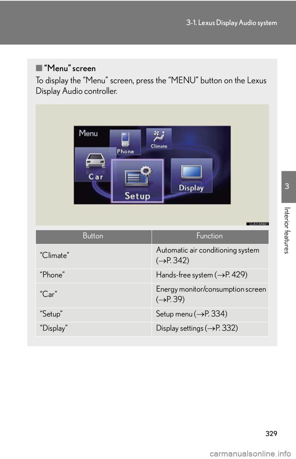 LEXUS RX450h 2015 Owners Manual 3293-1. Lexus Display Audio system
3
Interior features ■ “Menu” screen
To display the “Menu” screen, pres s the “MENU” button on the Lexus
Display Audio controller.
Button Function
“Cl LEXUS RX450h 2015 Owners Manual 3293-1. Lexus Display Audio system
3
Interior features ■ “Menu” screen
To display the “Menu” screen, pres s the “MENU” button on the Lexus
Display Audio controller.
Button Function
“Cl