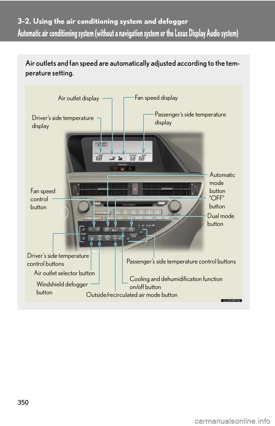 LEXUS RX450h 2015 Owners Manual 3503-2. Using the air conditio ning system and defogger
Automatic air conditioning system (without a navigation system or the Lexus Display Audio system)Air outlets and fan speed are automati cally ad LEXUS RX450h 2015 Owners Manual 3503-2. Using the air conditio ning system and defogger
Automatic air conditioning system (without a navigation system or the Lexus Display Audio system)Air outlets and fan speed are automati cally ad