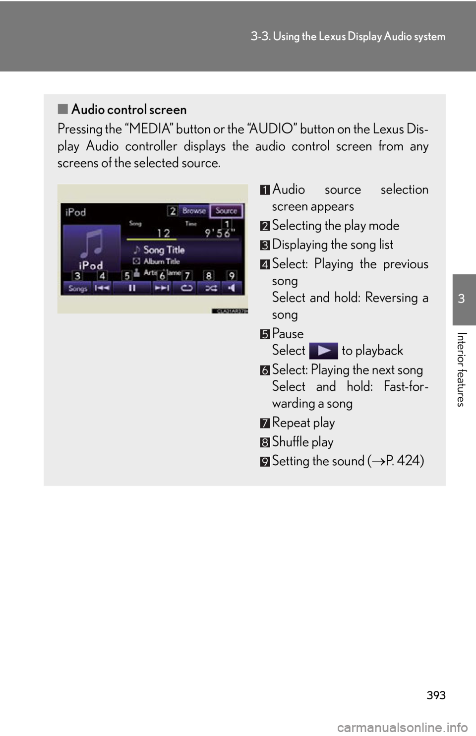 LEXUS RX450h 2015  Owners Manual 3933-3. Using the Lexus Display Audio system
3
Interior features ■ Audio control screen
Pressing the “MEDIA” button or the “AUDIO” button on the Lexus Dis-
play Audio controller displays the
