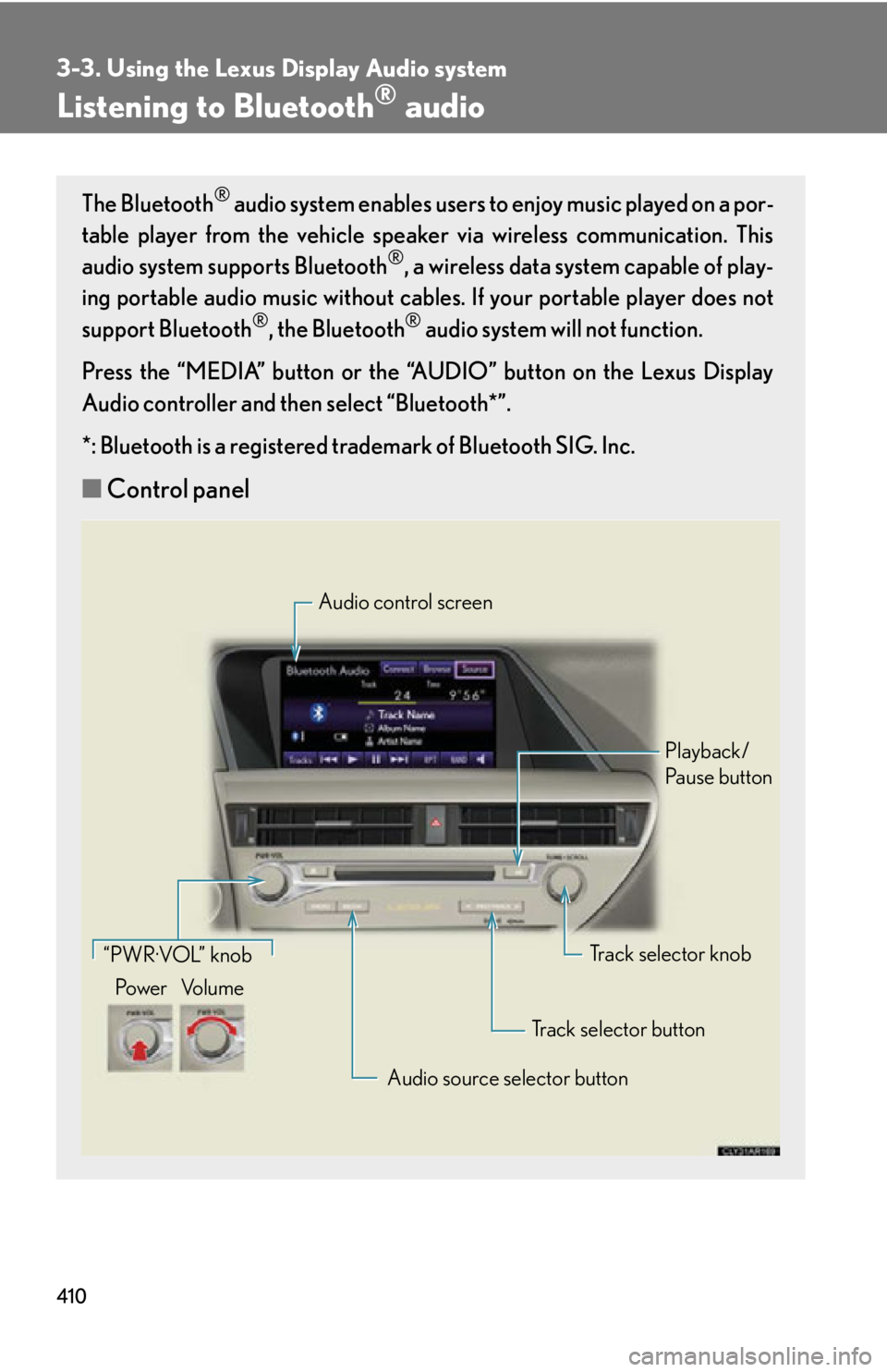 LEXUS RX450h 2015 Owners Manual 4103-3. Using the Lexus Display Audio system
Listening to Bluetooth ®
audioThe Bluetooth ®
audio system enables users to enjoy music played on a por-
table player from the vehicle speaker via wire LEXUS RX450h 2015 Owners Manual 4103-3. Using the Lexus Display Audio system
Listening to Bluetooth ®
audioThe Bluetooth ®
audio system enables users to enjoy music played on a por-
table player from the vehicle speaker via wire