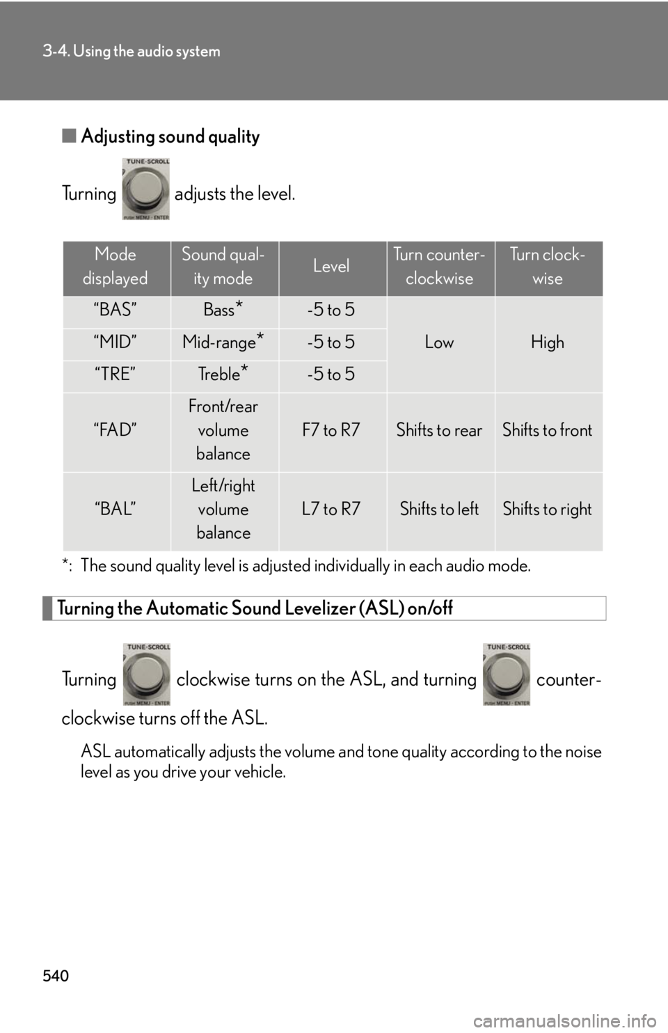 LEXUS RX450h 2015  Owners Manual 5403-4. Using the audio system
■ Adjusting sound quality
Turning   adjusts the level.
*: The sound quality level is adjusted individually in each audio mode.
Turning the Automatic Sound Levelizer (A