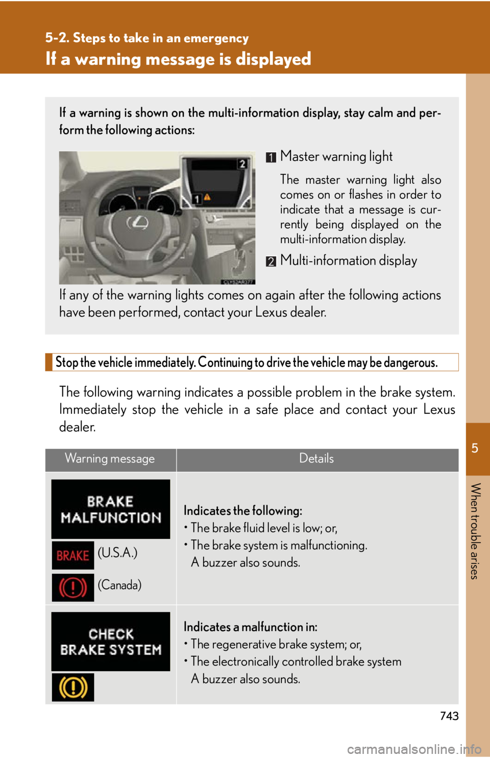LEXUS RX450h 2015 Owners Manual 5
When trouble arises
7435-2. Steps to take in an emergency
If a warning message is displayed
Stop the vehicle immediately. Continuing to drive the vehicle may be dangerous.
The following warning in d LEXUS RX450h 2015 Owners Manual 5
When trouble arises
7435-2. Steps to take in an emergency
If a warning message is displayed
Stop the vehicle immediately. Continuing to drive the vehicle may be dangerous.
The following warning in d