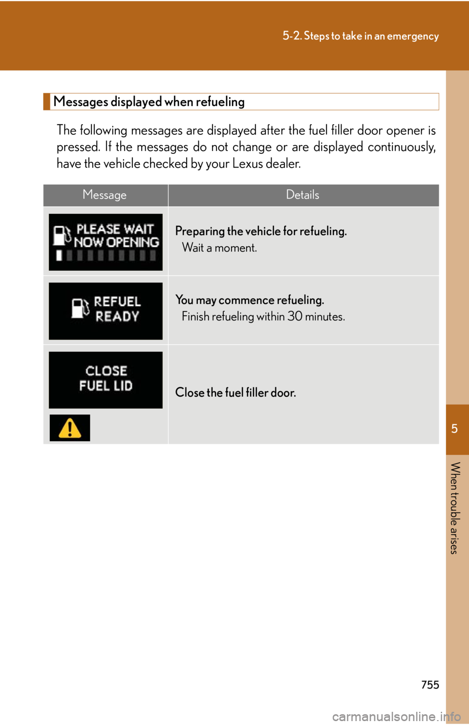 LEXUS RX450h 2015 Owners Manual 5
When trouble arises
7555-2. Steps to take in an emergency
Messages displayed when refueling
The following messages are displayed after the fuel filler door opener is
pressed. If the messages do not LEXUS RX450h 2015 Owners Manual 5
When trouble arises
7555-2. Steps to take in an emergency
Messages displayed when refueling
The following messages are displayed after the fuel filler door opener is
pressed. If the messages do not