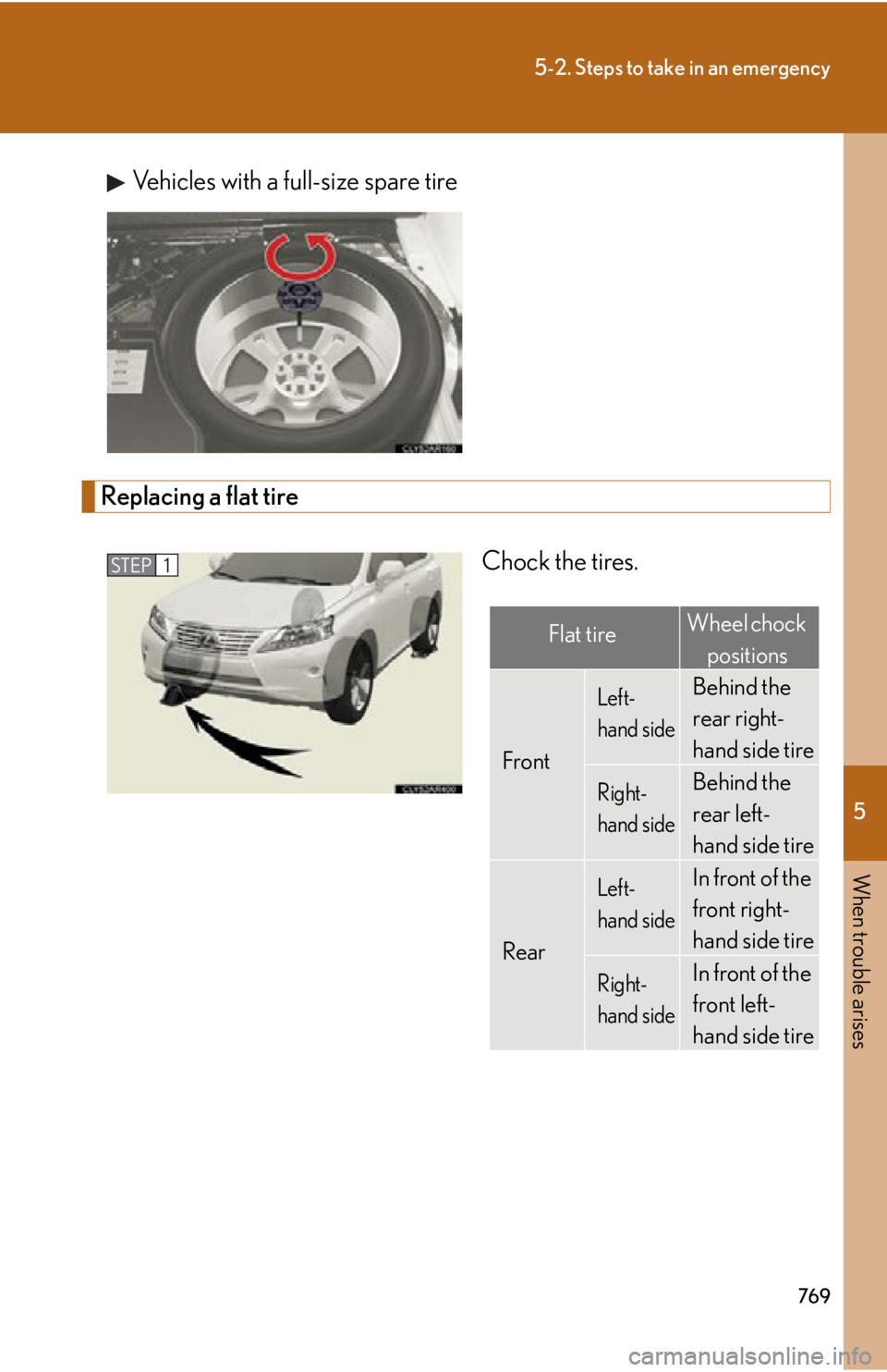 LEXUS RX450h 2015  Owners Manual 5
When trouble arises
7695-2. Steps to take in an emergency
Vehicles with a full-size spare tire
Replacing a flat tire
Chock the tires.STEP 1
Flat tire Wheel chock 
positions
Front Left-
hand side Beh