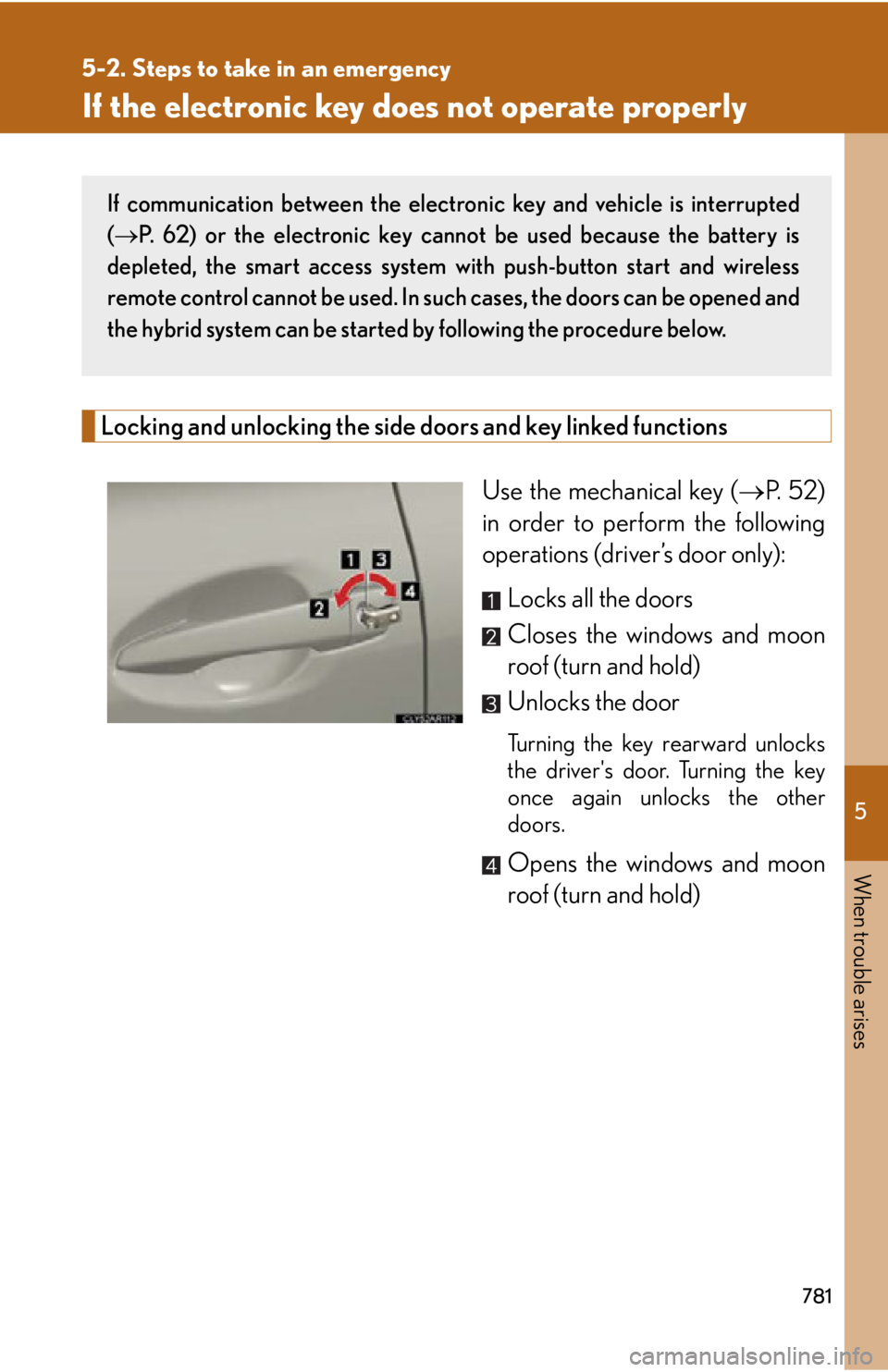 LEXUS RX450h 2015 Owners Manual 5
When trouble arises
7815-2. Steps to take in an emergency
If the electronic key do es not operate properly
Locking and unlocking the side doors and key linked functions
Use the mechanical key ( LEXUS RX450h 2015 Owners Manual 5
When trouble arises
7815-2. Steps to take in an emergency
If the electronic key do es not operate properly
Locking and unlocking the side doors and key linked functions
Use the mechanical key ( 