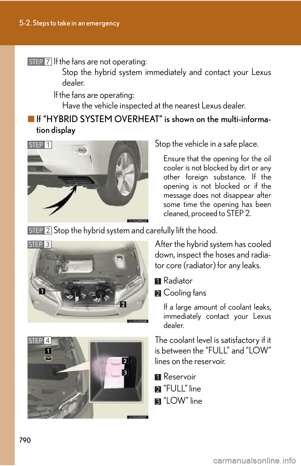 LEXUS RX450h 2015  Owners Manual 7905-2. Steps to take in an emergency
If the fans are not operating:
Stop the hybrid system immediately and contact your Lexus
dealer.
If the fans are operating:
Have the vehicle inspected at the near
