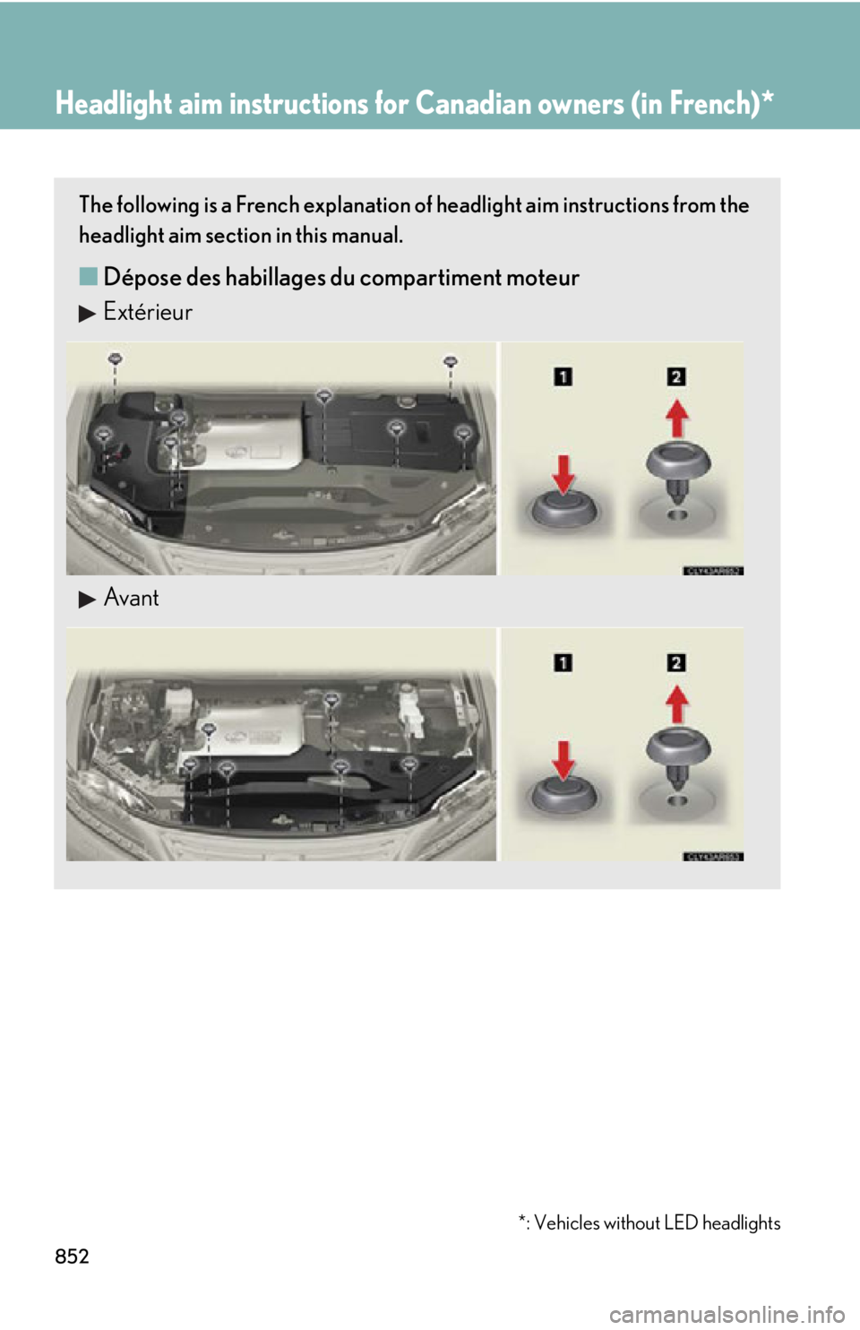 LEXUS RX450h 2015 Owners Manual 852Headlight aim instructions for Canadian owners (in French) *
*: Vehicles without LED headlightsThe following is a French explanation of headlight aim instructions from the
headlight aim section in LEXUS RX450h 2015 Owners Manual 852Headlight aim instructions for Canadian owners (in French) *
*: Vehicles without LED headlightsThe following is a French explanation of headlight aim instructions from the
headlight aim section in