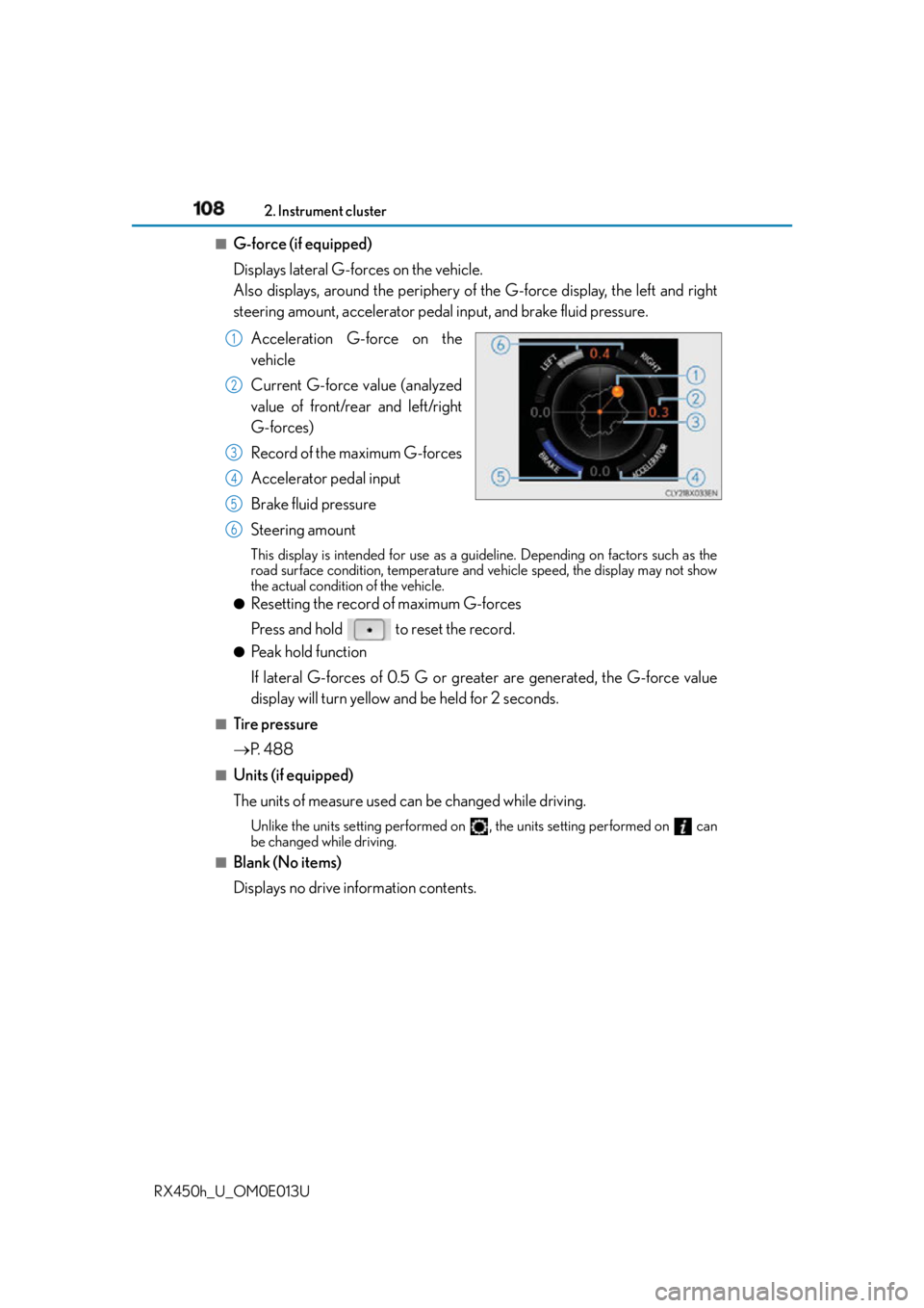 LEXUS RX450h 2016 Owners Manual 108 2. Instrument cluster
RX450h_U_OM0E013U ■
G-force (if equipped)
Displays lateral G-forces on the vehicle.
Also displays, around the periphery of the G-force display, the left and right
steerin LEXUS RX450h 2016 Owners Manual 108 2. Instrument cluster
RX450h_U_OM0E013U ■
G-force (if equipped)
Displays lateral G-forces on the vehicle.
Also displays, around the periphery of the G-force display, the left and right
steerin
