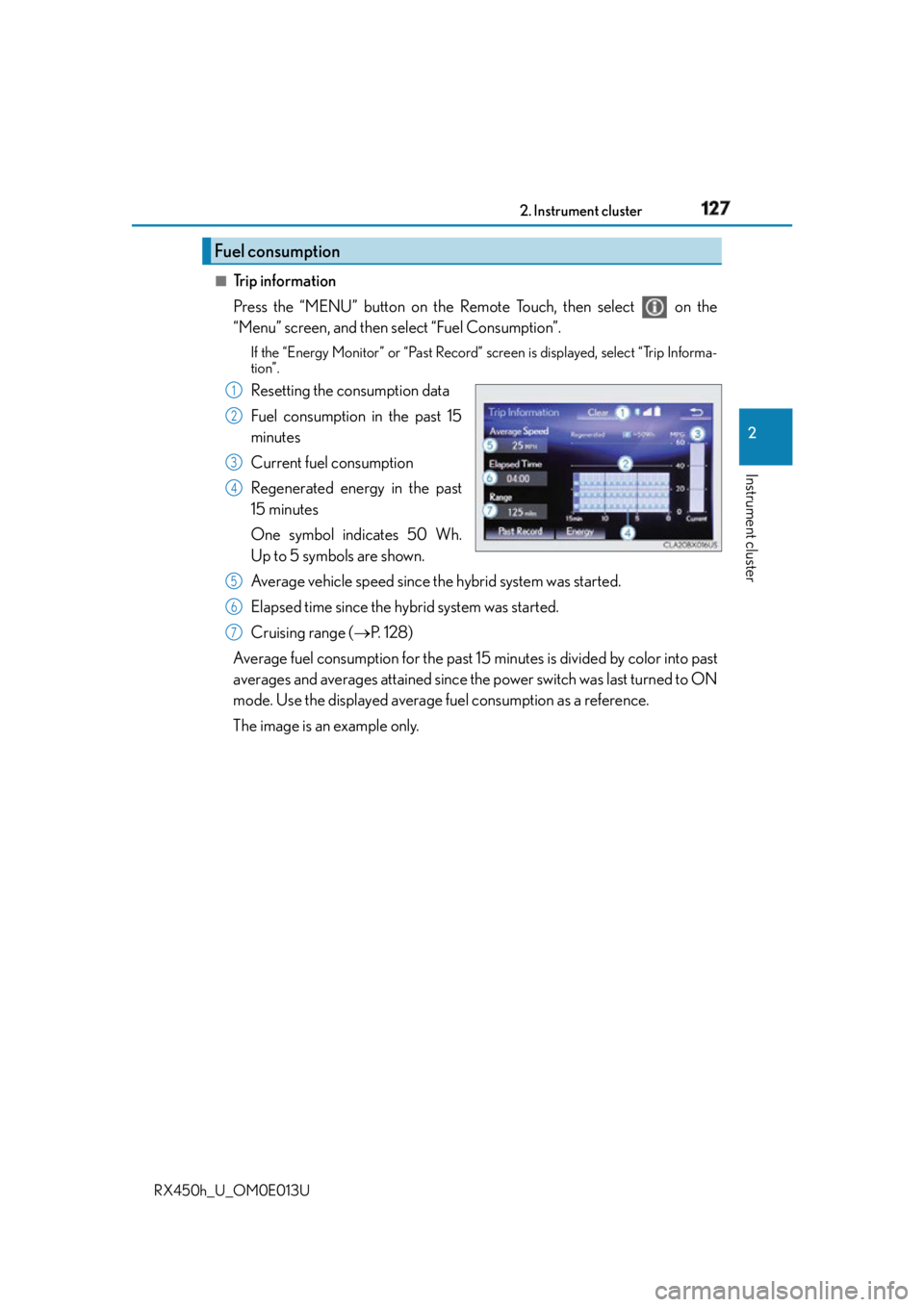 LEXUS RX450h 2016 Owners Manual 1272. Instrument cluster
2
Instrument cluster
RX450h_U_OM0E013U ■
Trip information
Press the “MENU” button on the Remote Touch, then select on the
“Menu” screen, and then select “Fuel Co LEXUS RX450h 2016 Owners Manual 1272. Instrument cluster
2
Instrument cluster
RX450h_U_OM0E013U ■
Trip information
Press the “MENU” button on the Remote Touch, then select on the
“Menu” screen, and then select “Fuel Co