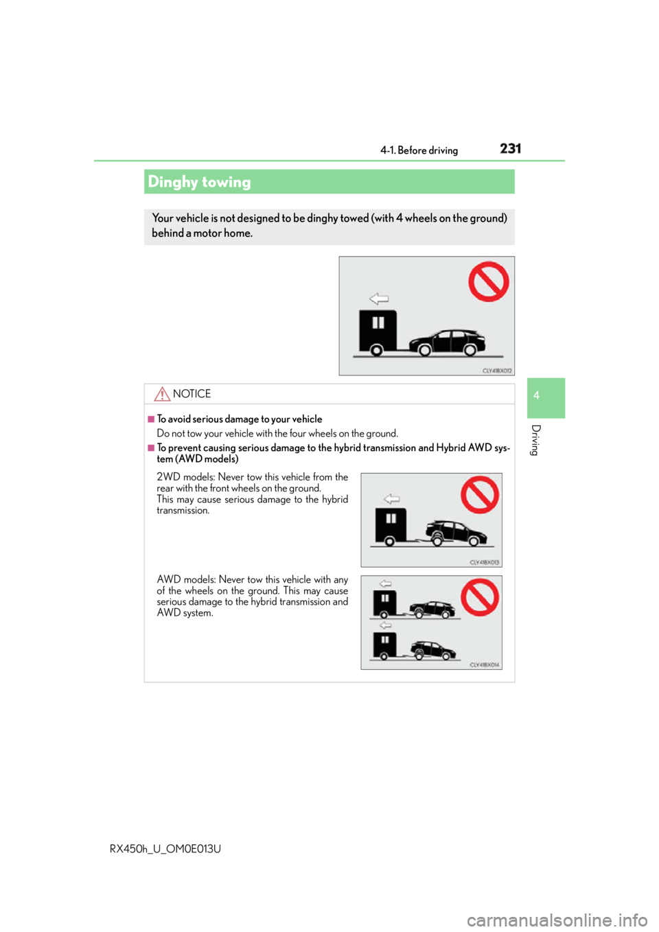 LEXUS RX450h 2016  Owners Manual 2314-1. Before driving
4
Driving
RX450h_U_OM0E013UDinghy towing Your vehicle is not designed to be ding hy towed (with 4 wheels on the ground)
behind a motor home. 
NOTICE ■
To avoid serious damage 