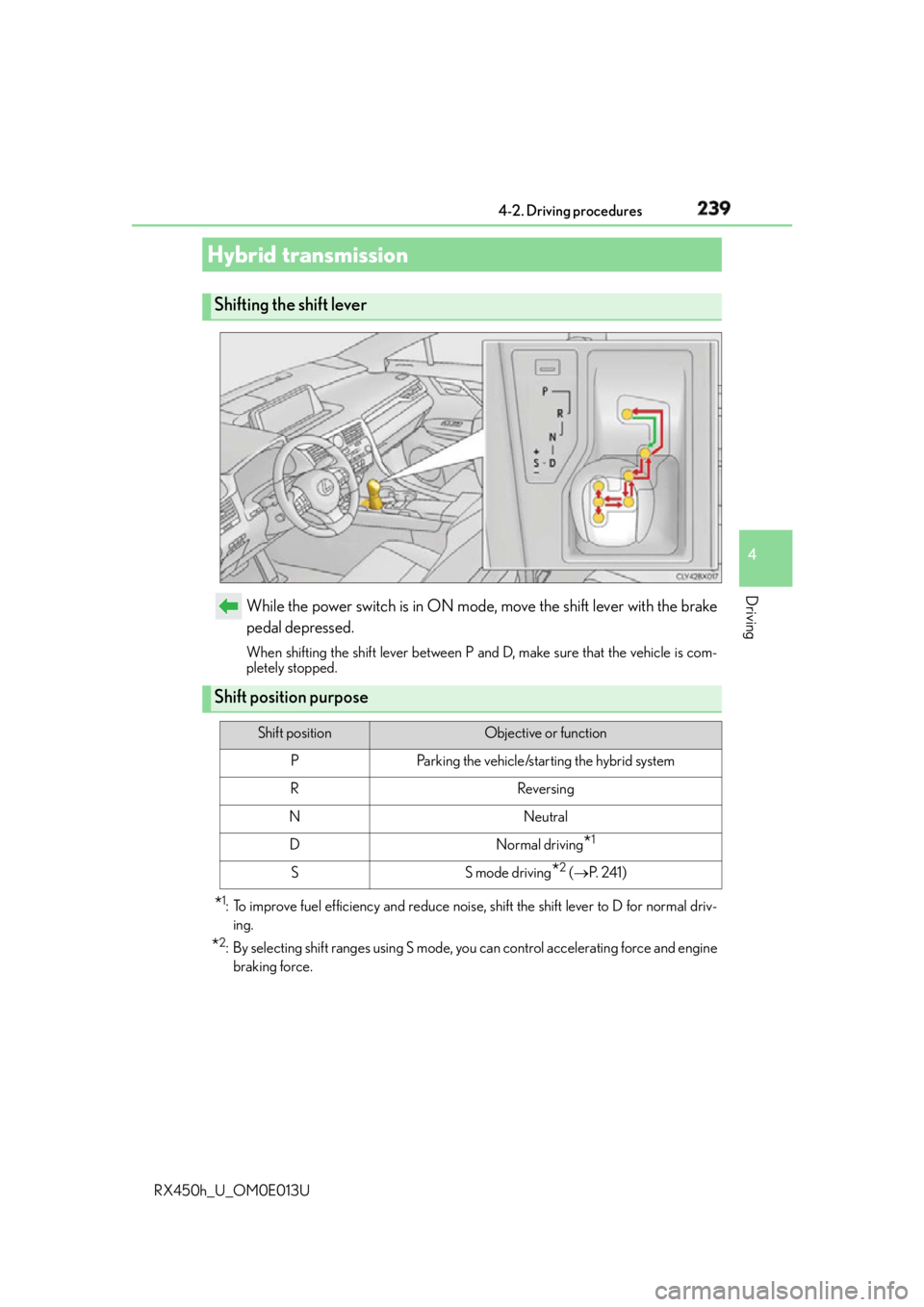 LEXUS RX450h 2016  Owners Manual 2394-2. Driving procedures
4
Driving
RX450h_U_OM0E013U While the power switch is in ON mode, move the shift lever with the brake
pedal depressed. When shifting the shift lever between P and D, make su