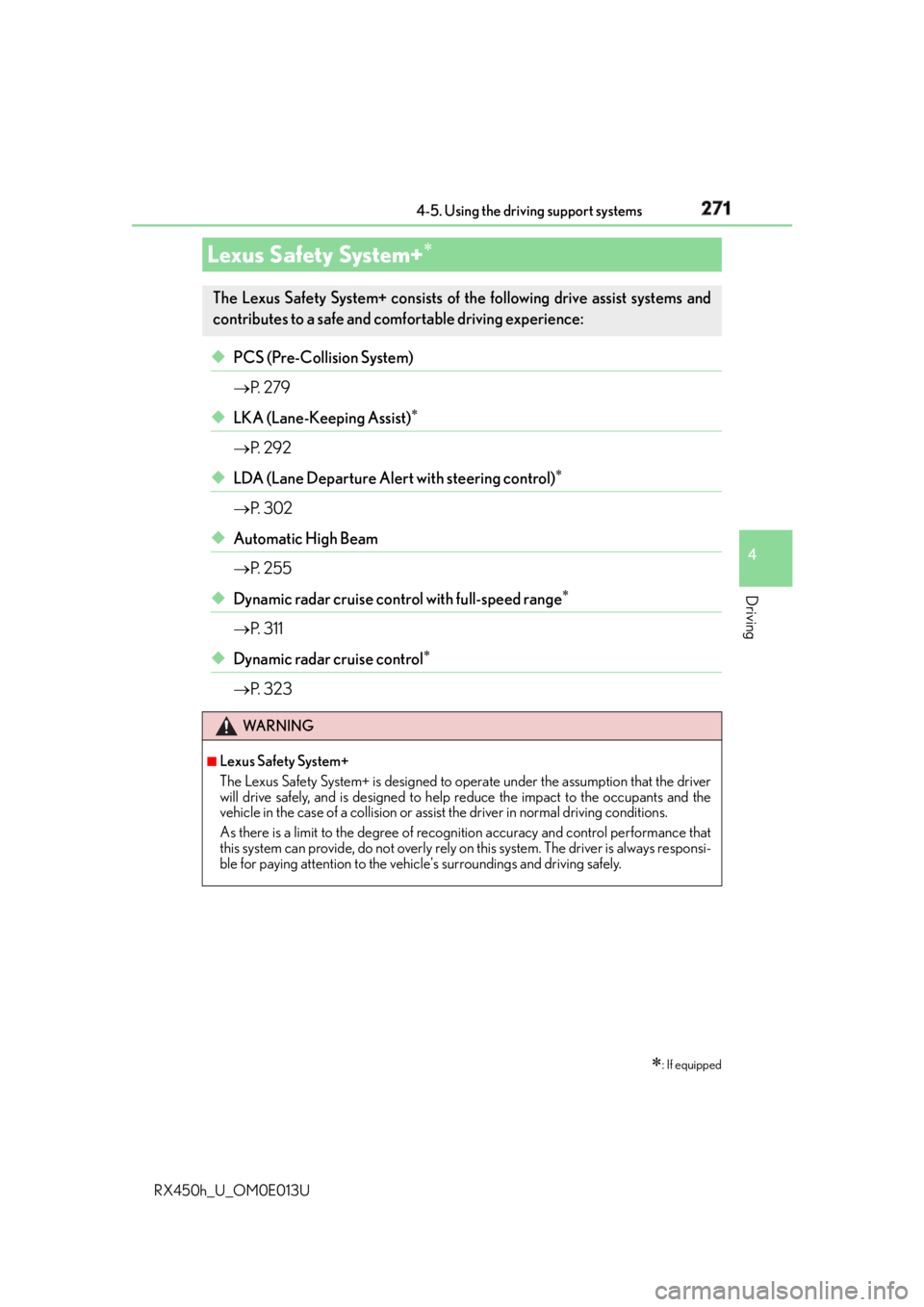 LEXUS RX450h 2016  Owners Manual 271
4
Driving
RX450h_U_OM0E013U 4-5. Using the driving support systems
◆ PCS (Pre-Collision System)
 P.  2 7 9
◆ LKA (Lane-Keeping Assist) 
 P.  2 9 2
◆ LDA (Lane Departure Alert with s