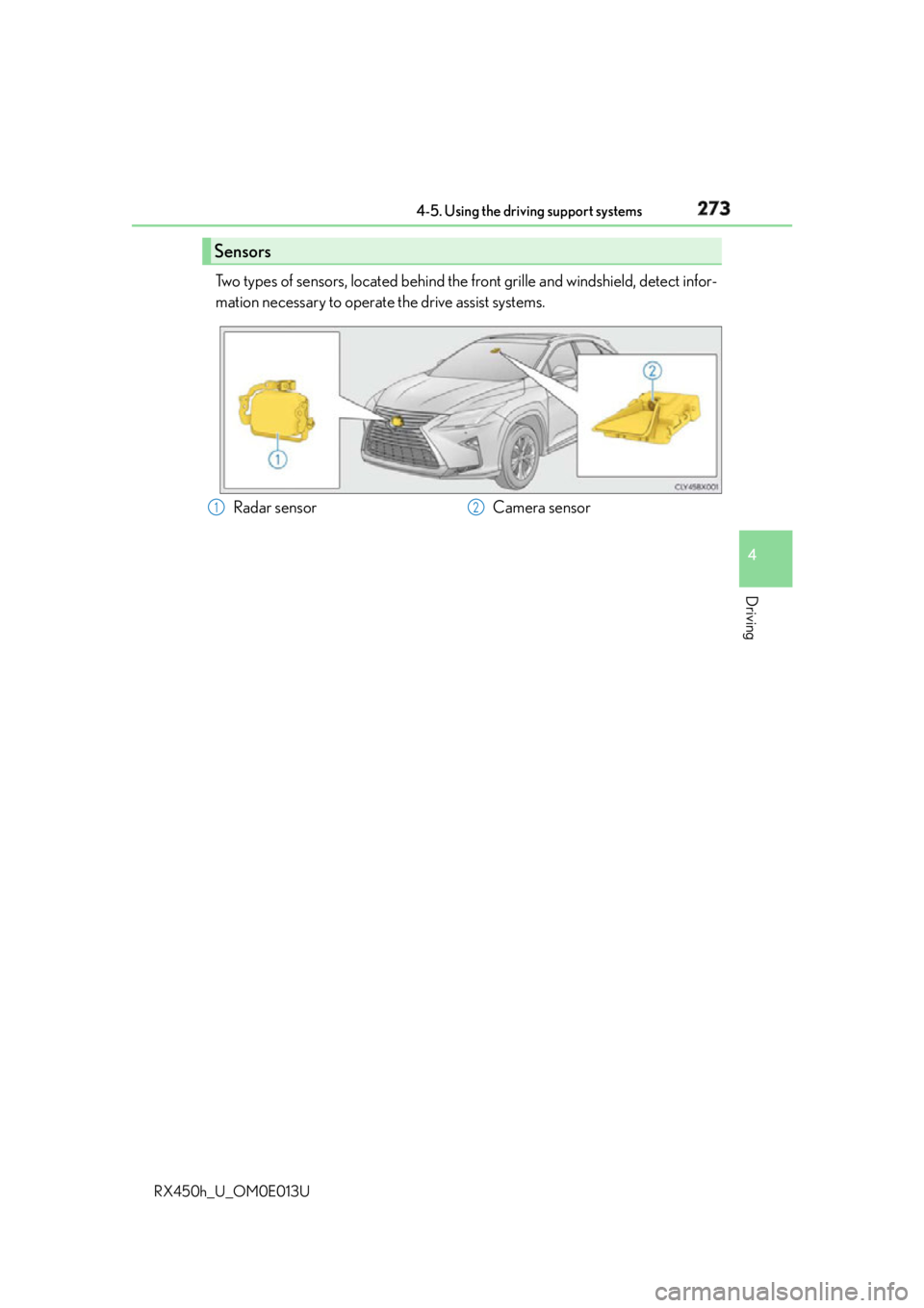 LEXUS RX450h 2016  Owners Manual 2734-5. Using the driving support systems
4
Driving
RX450h_U_OM0E013U Two types of sensors, located behind the front grille and windshield, detect infor-
mation necessary to operate the drive assist s