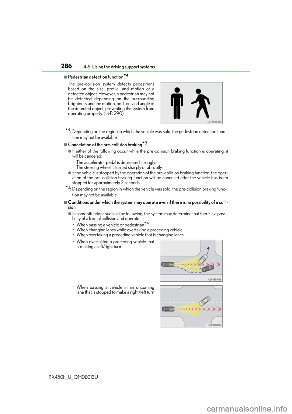 LEXUS RX450h 2016  Owners Manual 286 4-5. Using the driving support systems
RX450h_U_OM0E013U ■
Pedestrian detection function
* 4
* 4
: Depending on the region in which the vehicle was sold, the pedestrian detection func-
tion may 