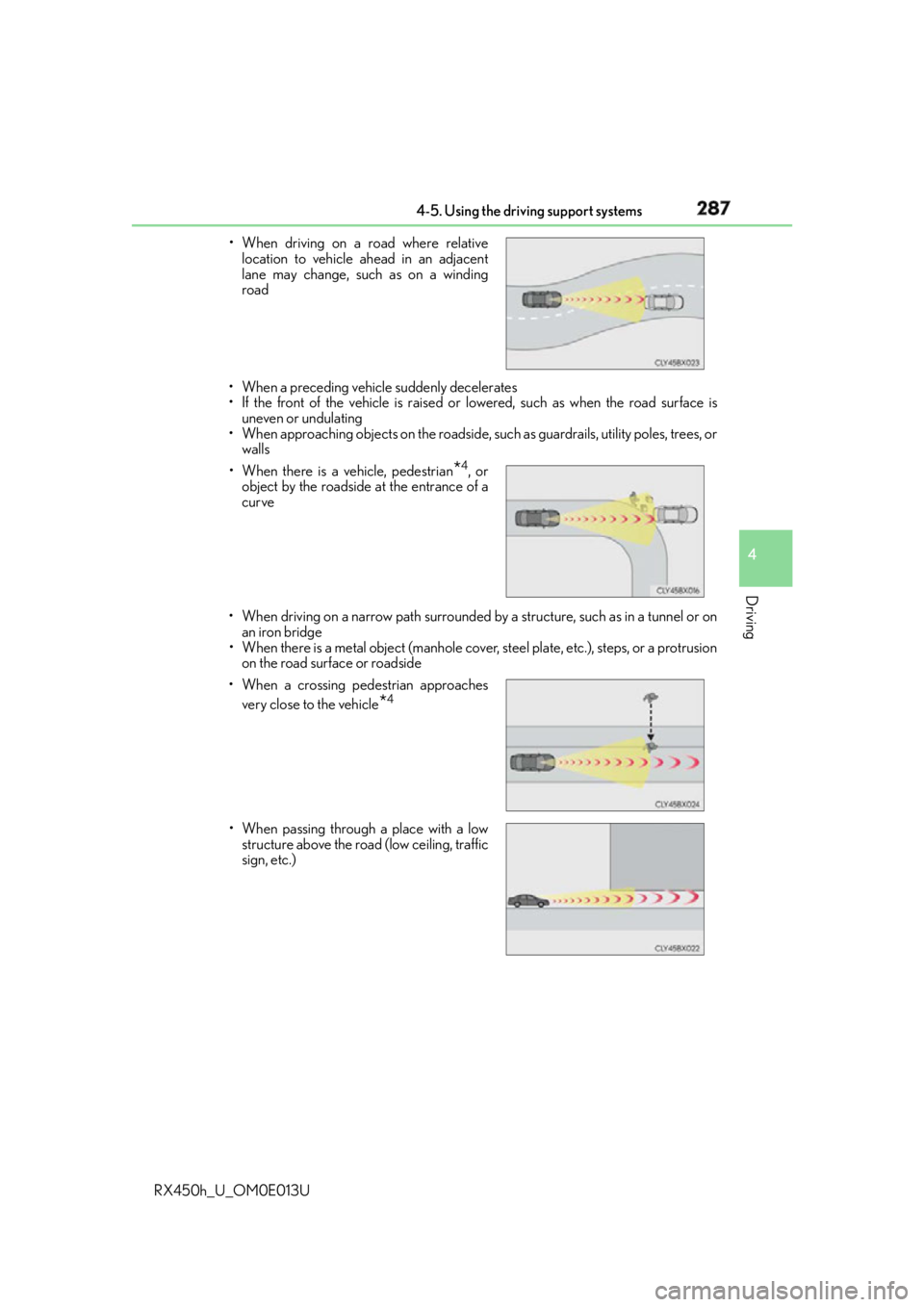 LEXUS RX450h 2016  Owners Manual 2874-5. Using the driving support systems
4
Driving
RX450h_U_OM0E013U • When a preceding vehicle suddenly decelerates
• If the front of the vehicle is raised or lowered, such as when the road surf