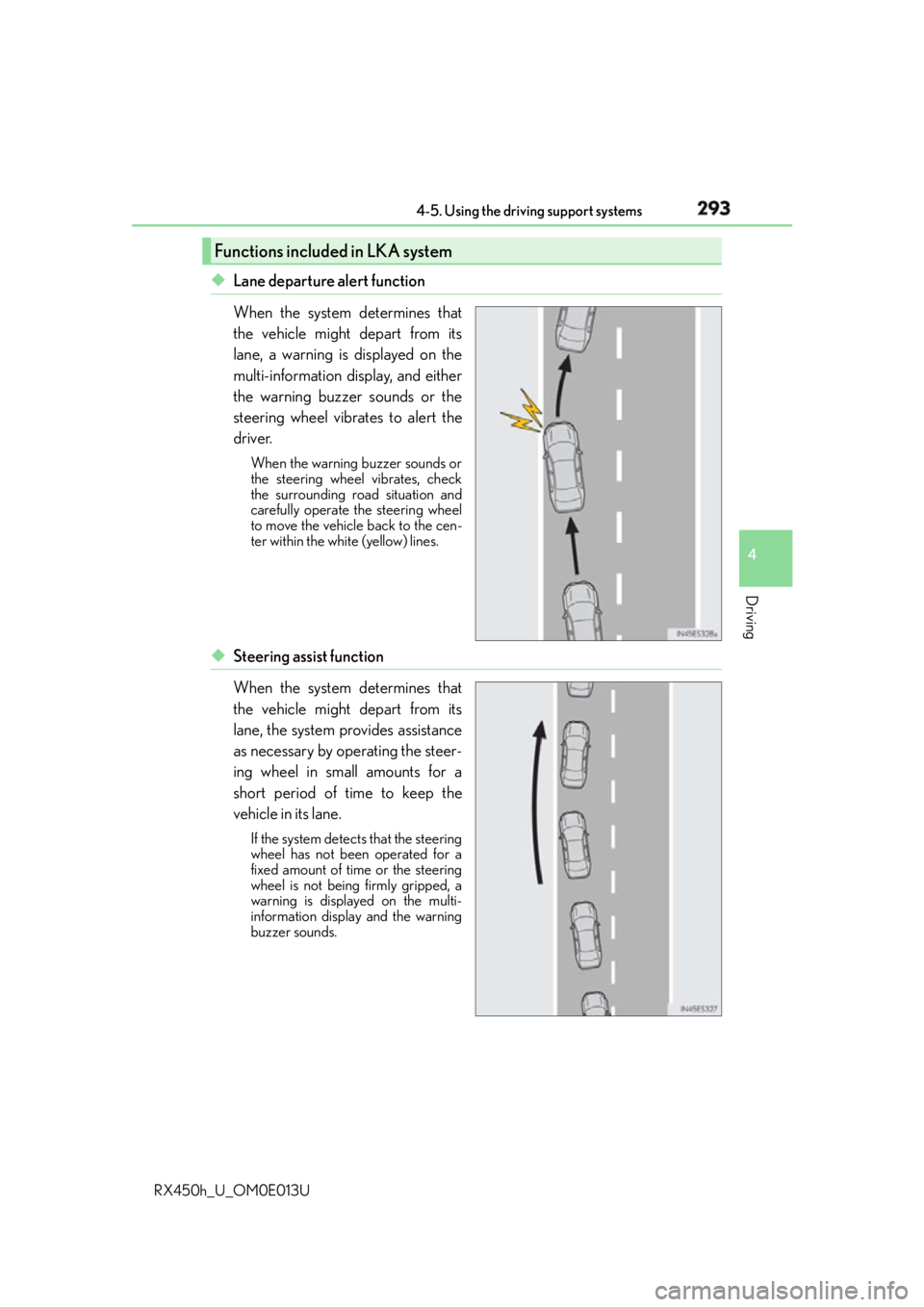 LEXUS RX450h 2016  Owners Manual 2934-5. Using the driving support systems
4
Driving
RX450h_U_OM0E013U ◆ Lane departure alert function
When the system determines that
the vehicle might depart from its
lane, a warning is displayed o