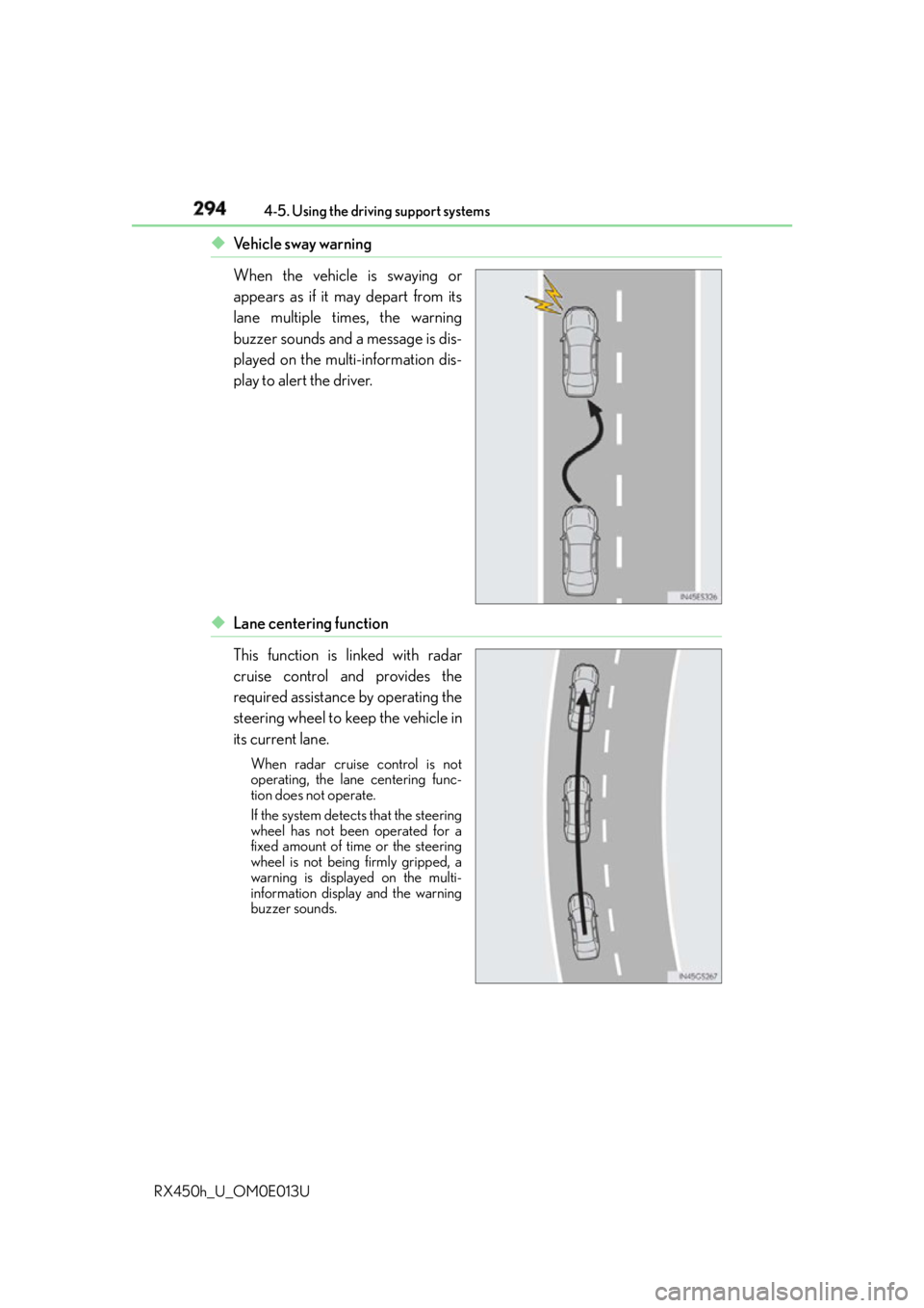 LEXUS RX450h 2016  Owners Manual 294 4-5. Using the driving support systems
RX450h_U_OM0E013U ◆ Ve h i c l e  s w a y  w a r n i n g
When the vehicle is swaying or
appears as if it may depart from its
lane multiple times, the warni