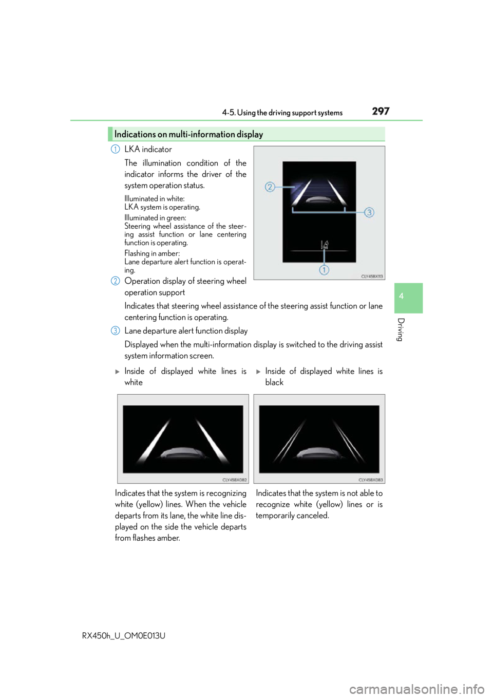 LEXUS RX450h 2016  Owners Manual 2974-5. Using the driving support systems
4
Driving
RX450h_U_OM0E013U LKA indicator
The illumination condition of the
indicator informs the driver of the
system operation status. Illuminated in white: