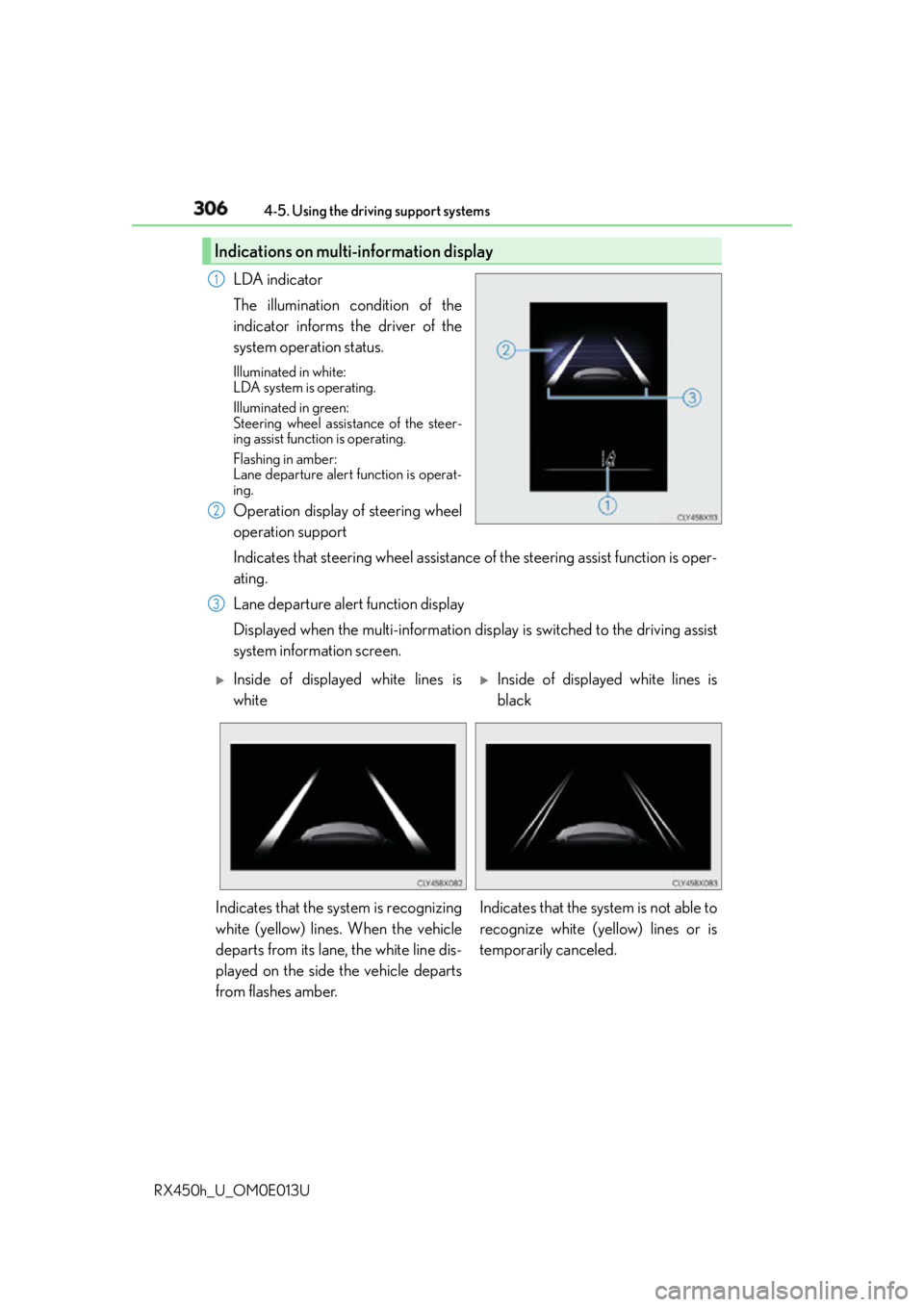 LEXUS RX450h 2016  Owners Manual 306 4-5. Using the driving support systems
RX450h_U_OM0E013U LDA indicator
The illumination condition of the
indicator informs the driver of the
system operation status. Illuminated in white: 
LDA sys