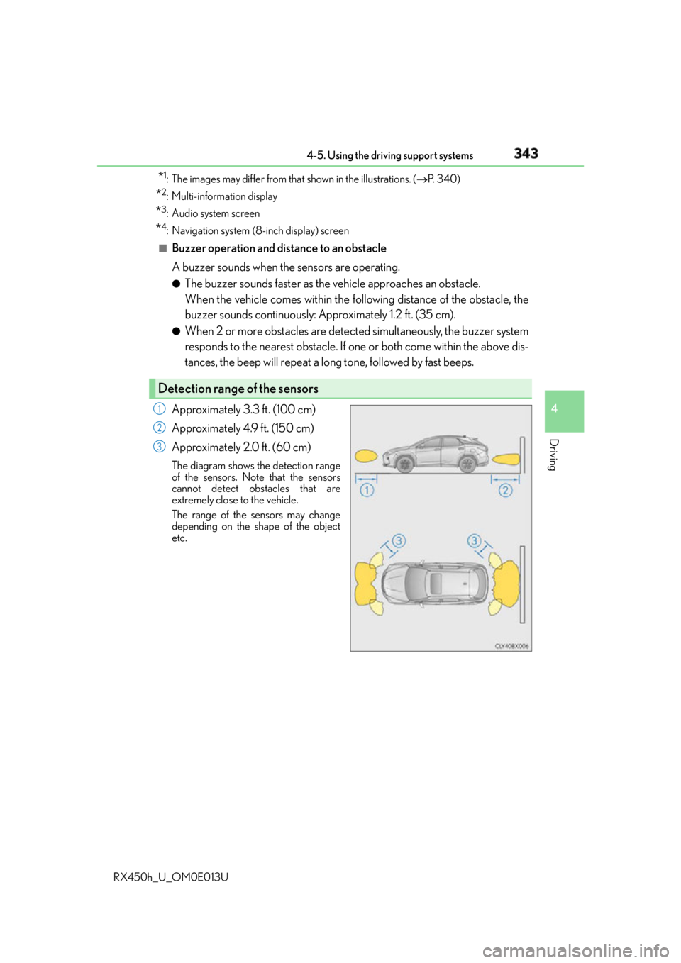LEXUS RX450h 2016 Owners Manual 3434-5. Using the driving support systems
4
Driving
RX450h_U_OM0E013U * 1
: The images may differ from that shown in the illustrations. ( P. 3 4 0 )
* 2
: Multi-information display
* 3
: Audio sy LEXUS RX450h 2016 Owners Manual 3434-5. Using the driving support systems
4
Driving
RX450h_U_OM0E013U * 1
: The images may differ from that shown in the illustrations. ( P. 3 4 0 )
* 2
: Multi-information display
* 3
: Audio sy