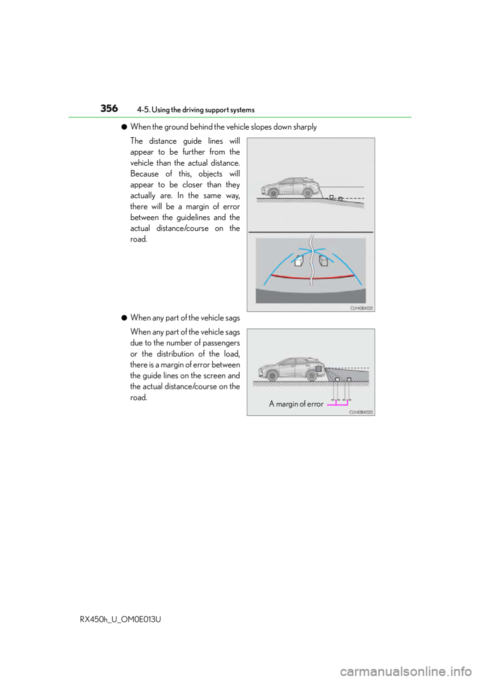 LEXUS RX450h 2016 Owners Manual 356 4-5. Using the driving support systems
RX450h_U_OM0E013U ●
When the ground behind the vehicle slopes down sharply
The distance guide lines will
appear to be further from the
vehicle than the act LEXUS RX450h 2016 Owners Manual 356 4-5. Using the driving support systems
RX450h_U_OM0E013U ●
When the ground behind the vehicle slopes down sharply
The distance guide lines will
appear to be further from the
vehicle than the act