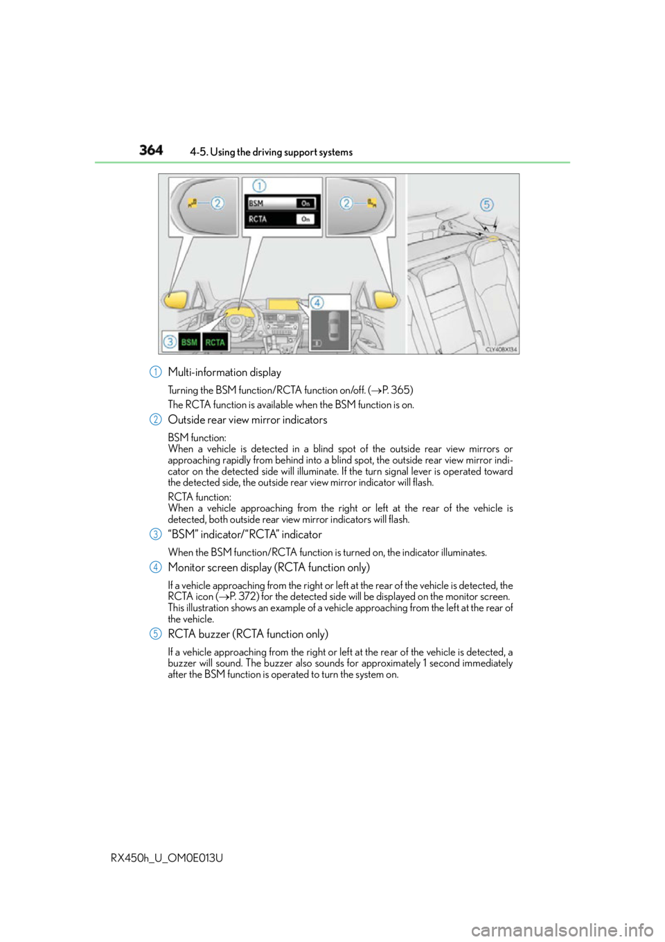 LEXUS RX450h 2016 Owners Manual 364 4-5. Using the driving support systems
RX450h_U_OM0E013U Multi-information display Turning the BSM function/RCTA function on/off. ( P. 3 6 5 )
The RCTA function is available when the BSM func LEXUS RX450h 2016 Owners Manual 364 4-5. Using the driving support systems
RX450h_U_OM0E013U Multi-information display Turning the BSM function/RCTA function on/off. ( P. 3 6 5 )
The RCTA function is available when the BSM func