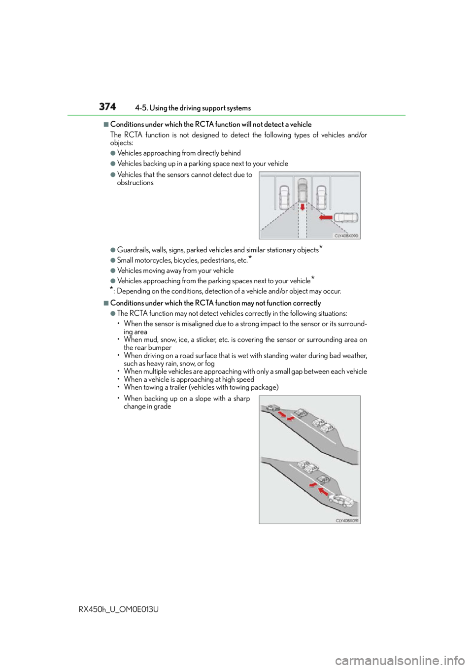 LEXUS RX450h 2016  Owners Manual 374 4-5. Using the driving support systems
RX450h_U_OM0E013U ■
Conditions under  which the RCTA function will not detect a vehicle
The RCTA function is not designed to detect the following types of 