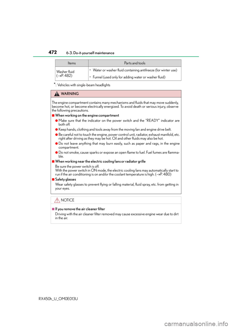 LEXUS RX450h 2016  Owners Manual 472 6-3. Do-it-yourself maintenance
RX450h_U_OM0E013U * : Vehicles with sing le-beam headlightsWa s h e r  f l u i d
(  P.  4 8 2 ) • Water or washer fluid containi ng antifreeze (for winter use)